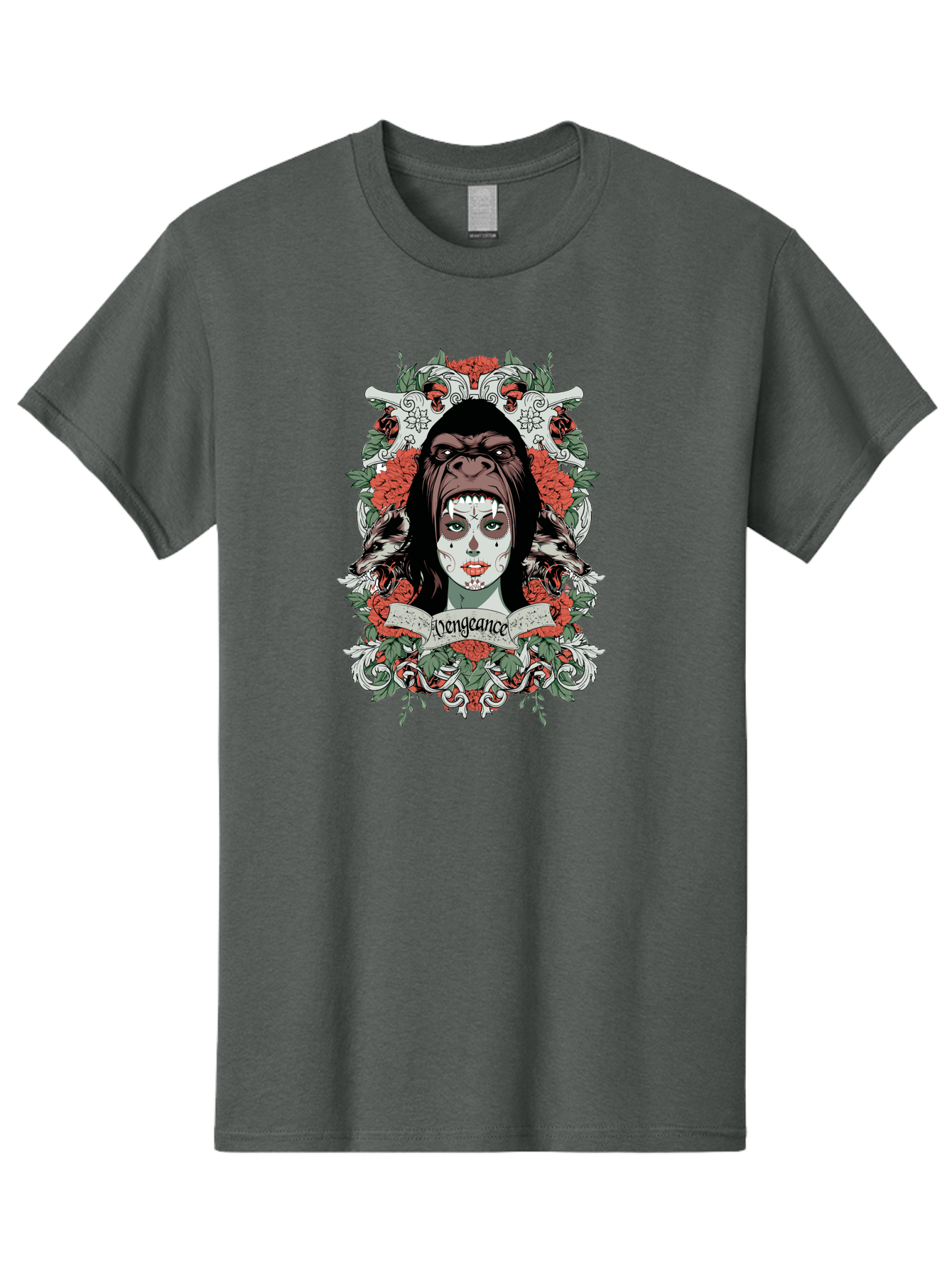 Vengeance Queen Men'S Graphic Tee, 100% Cotton, Comfortable Casual Summer Wear, Machine Washable, Gorilla Mask, Sugar Skull Design, Floral Wreath, Red Roses, Vengeance Banner, Crossbones, Gothic Style, Tattoo Art, Dark Illustration Aae769 27
