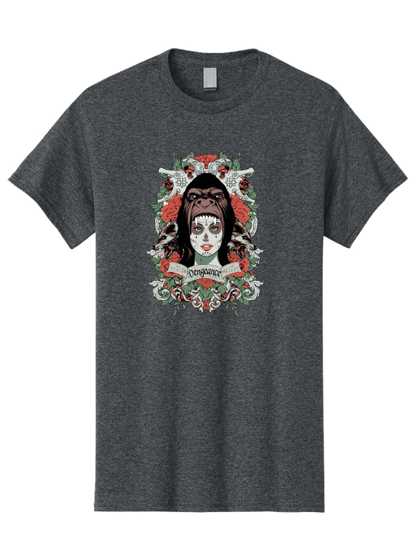 Vengeance Queen Men'S Graphic Tee, 100% Cotton, Comfortable Casual Summer Wear, Machine Washable, Gorilla Mask, Sugar Skull Design, Floral Wreath, Red Roses, Vengeance Banner, Crossbones, Gothic Style, Tattoo Art, Dark Illustration Aae769 13