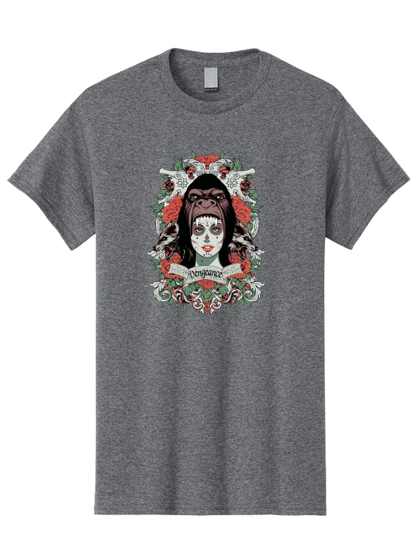 Vengeance Queen Men'S Graphic Tee, 100% Cotton, Comfortable Casual Summer Wear, Machine Washable, Gorilla Mask, Sugar Skull Design, Floral Wreath, Red Roses, Vengeance Banner, Crossbones, Gothic Style, Tattoo Art, Dark Illustration Aae769