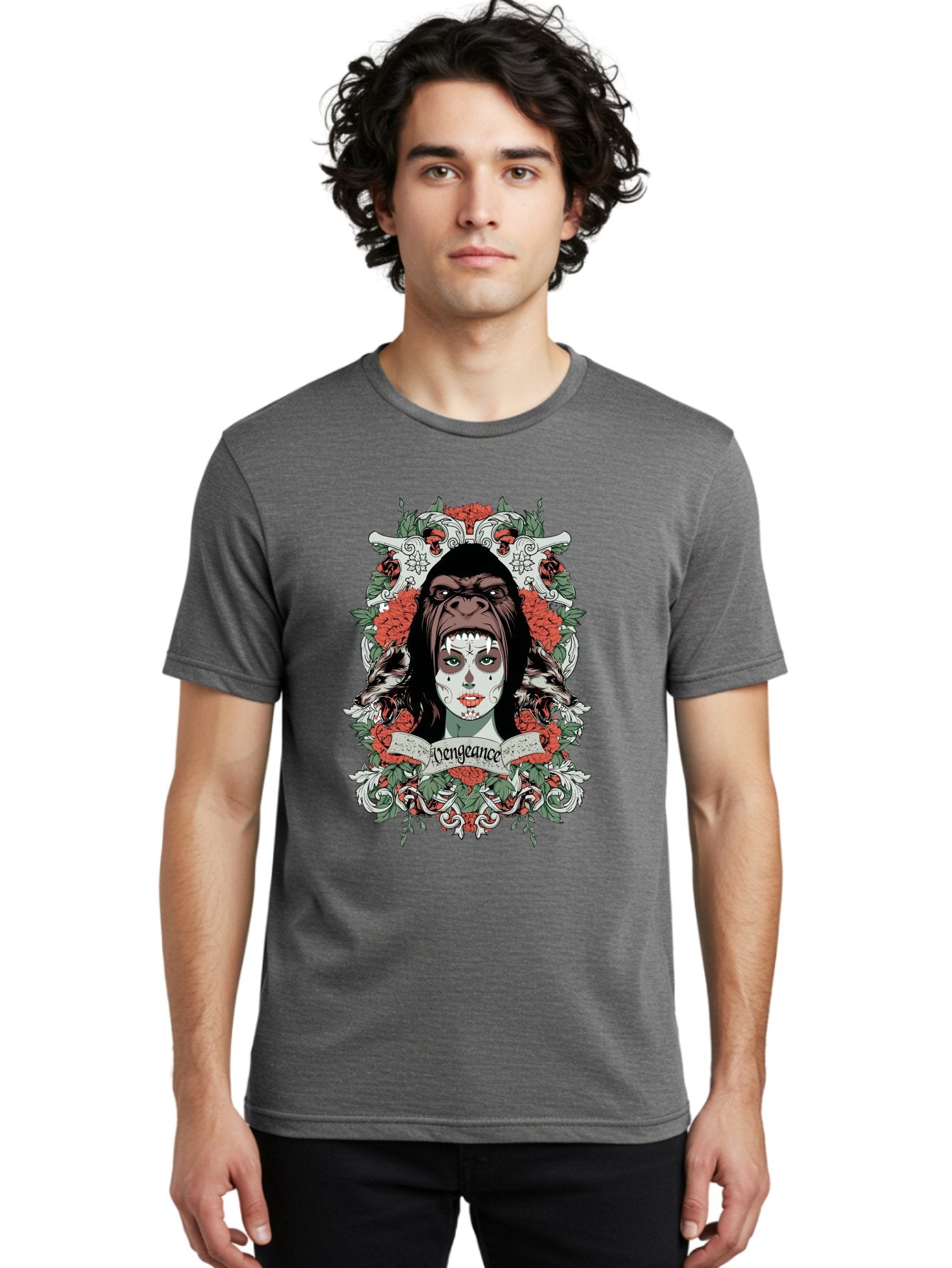 Vengeance Queen Men'S Graphic Tee, 100% Cotton, Comfortable Casual Summer Wear, Machine Washable, Gorilla Mask, Sugar Skull Design, Floral Wreath, Red Roses, Vengeance Banner, Crossbones, Gothic Style, Tattoo Art, Dark Illustration Aae769 21