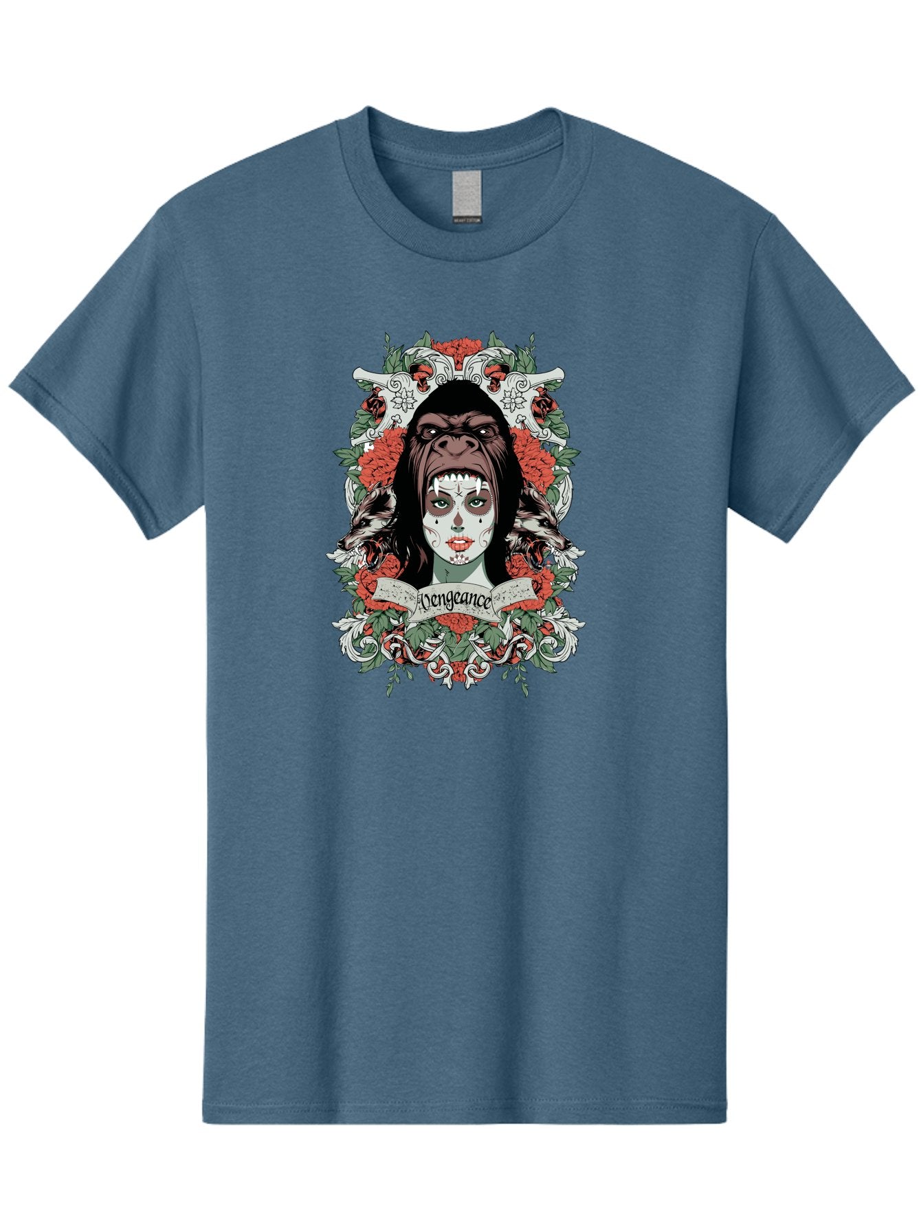 Vengeance Queen Men'S Graphic Tee, 100% Cotton, Comfortable Casual Summer Wear, Machine Washable, Gorilla Mask, Sugar Skull Design, Floral Wreath, Red Roses, Vengeance Banner, Crossbones, Gothic Style, Tattoo Art, Dark Illustration Aae769 11