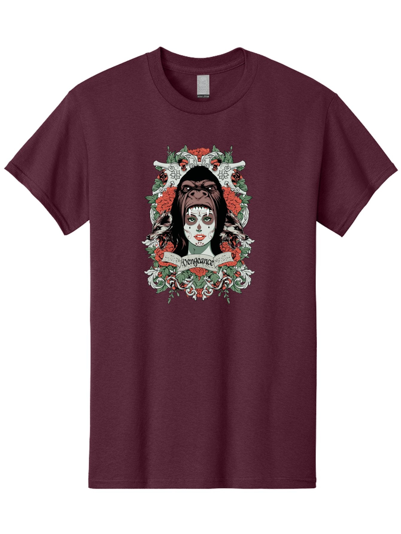 Vengeance Queen Men'S Graphic Tee, 100% Cotton, Comfortable Casual Summer Wear, Machine Washable, Gorilla Mask, Sugar Skull Design, Floral Wreath, Red Roses, Vengeance Banner, Crossbones, Gothic Style, Tattoo Art, Dark Illustration Aae769