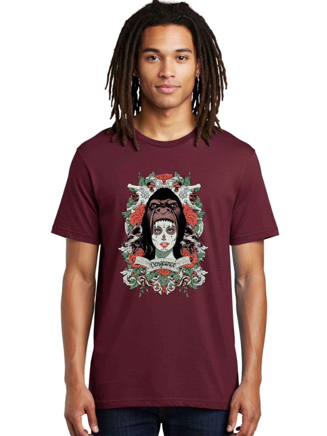 Vengeance Queen Men'S Graphic Tee, 100% Cotton, Comfortable Casual Summer Wear, Machine Washable, Gorilla Mask, Sugar Skull Design, Floral Wreath, Red Roses, Vengeance Banner, Crossbones, Gothic Style, Tattoo Art, Dark Illustration Aae769 19