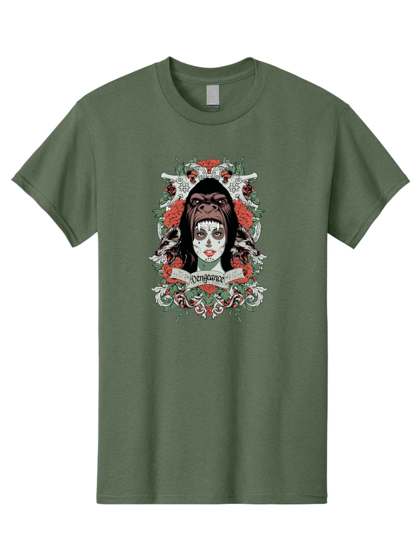 Vengeance Queen Men'S Graphic Tee, 100% Cotton, Comfortable Casual Summer Wear, Machine Washable, Gorilla Mask, Sugar Skull Design, Floral Wreath, Red Roses, Vengeance Banner, Crossbones, Gothic Style, Tattoo Art, Dark Illustration Aae769 3