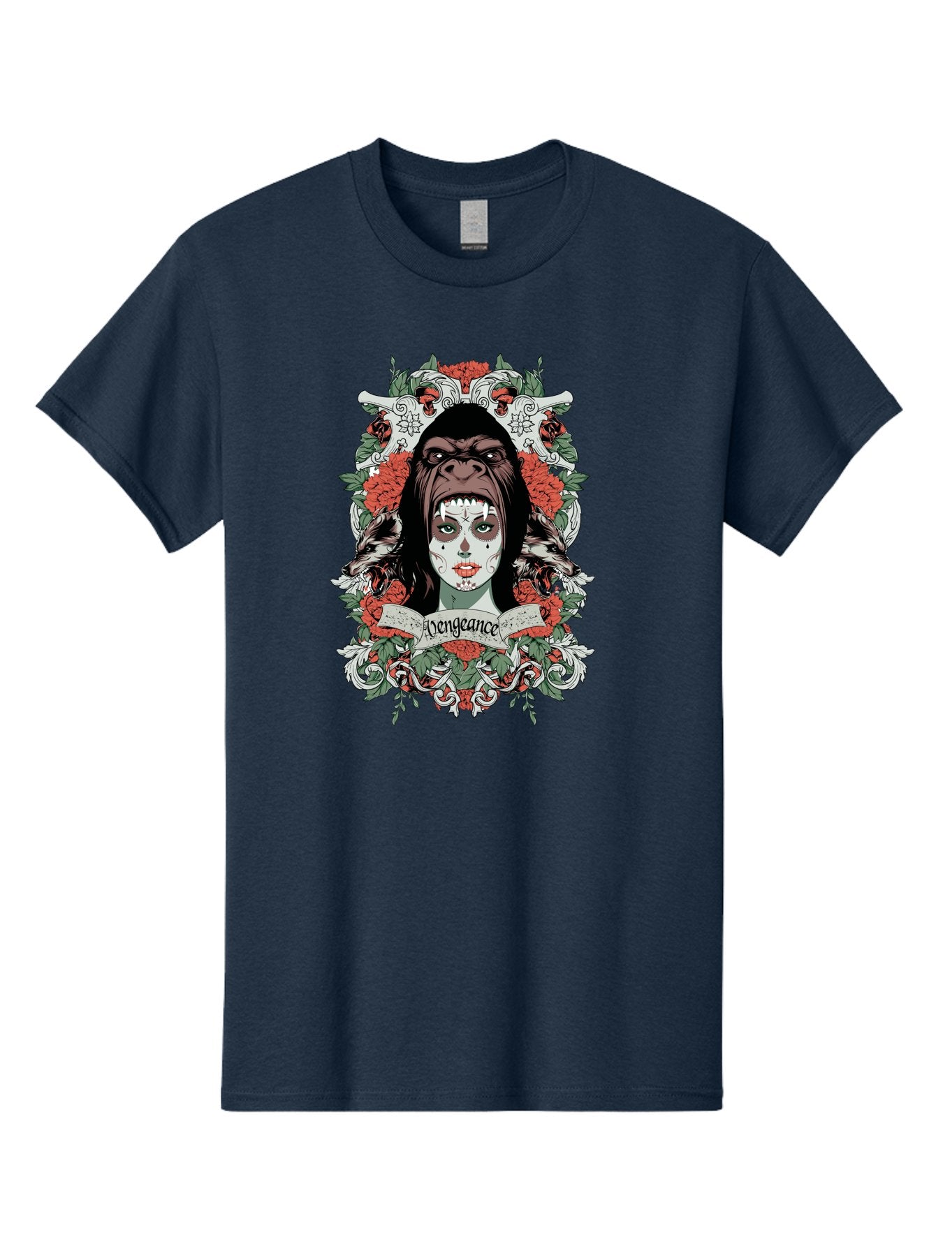 Vengeance Queen Men'S Graphic Tee, 100% Cotton, Comfortable Casual Summer Wear, Machine Washable, Gorilla Mask, Sugar Skull Design, Floral Wreath, Red Roses, Vengeance Banner, Crossbones, Gothic Style, Tattoo Art, Dark Illustration Aae769 6