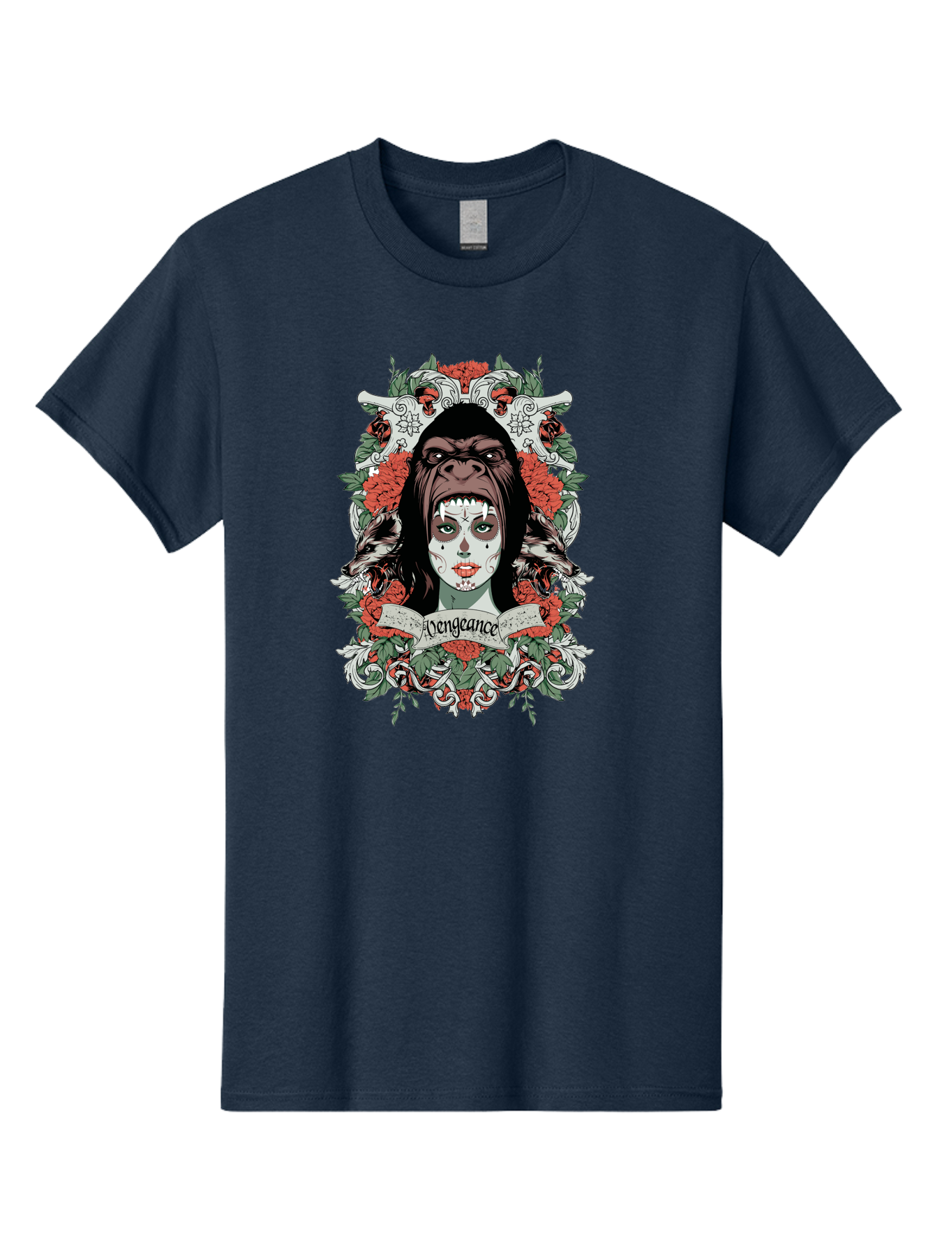 Vengeance Queen Men'S Graphic Tee, 100% Cotton, Comfortable Casual Summer Wear, Machine Washable, Gorilla Mask, Sugar Skull Design, Floral Wreath, Red Roses, Vengeance Banner, Crossbones, Gothic Style, Tattoo Art, Dark Illustration Aae769