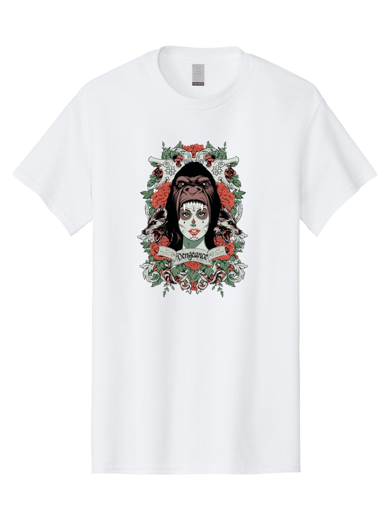 Vengeance Queen Men'S Graphic Tee, 100% Cotton, Comfortable Casual Summer Wear, Machine Washable, Gorilla Mask, Sugar Skull Design, Floral Wreath, Red Roses, Vengeance Banner, Crossbones, Gothic Style, Tattoo Art, Dark Illustration Aae769 8