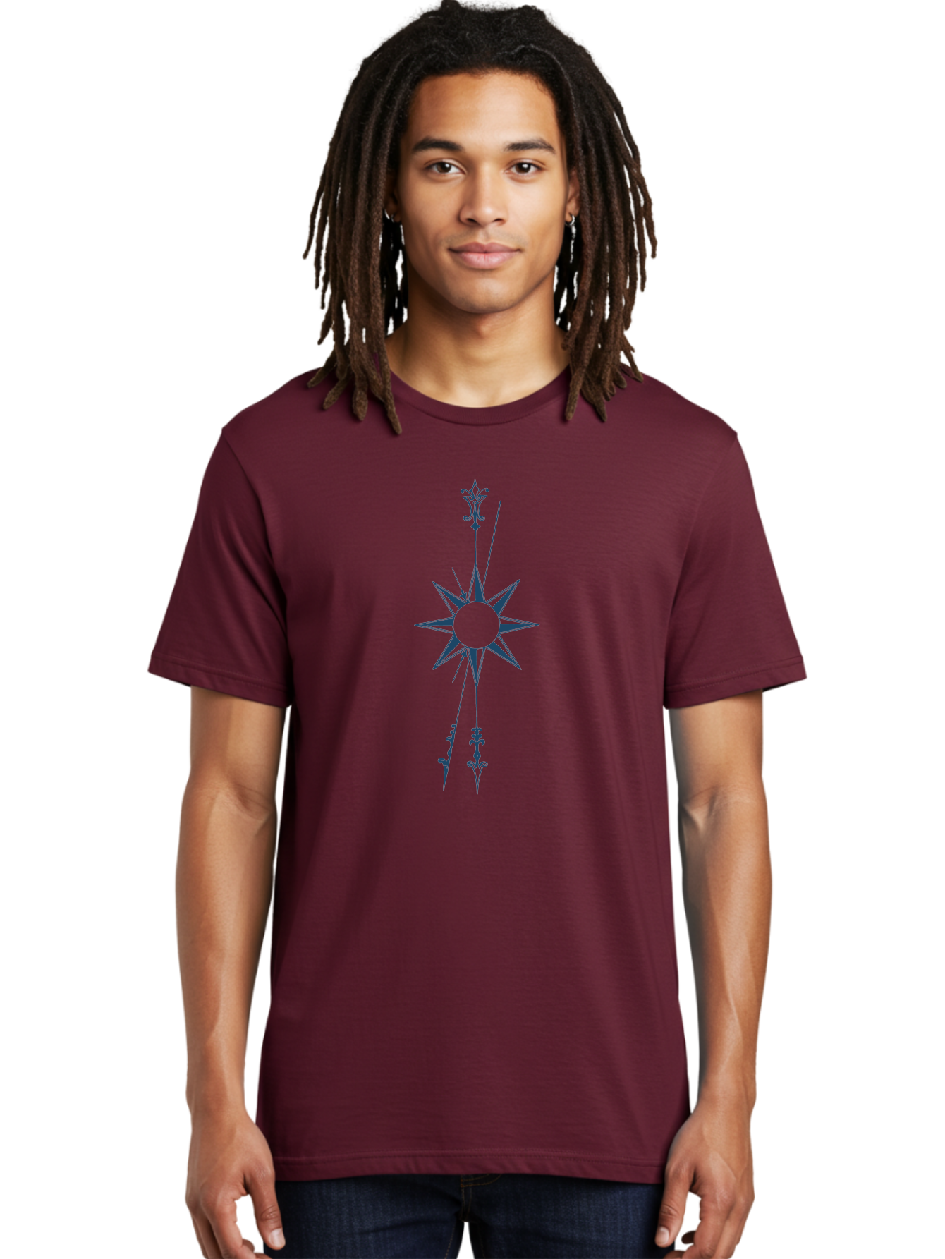 Vertical Compass Rose Men'S Graphic Tee, 100% Cotton, Comfortable Casual Summer Wear, Machine Washable, Stylish Star Emblem, Symmetrical Design, Floral Pattern, Modern Graphics, Abstract Art, Decorative Elements, Minimalist Style Aae771 20