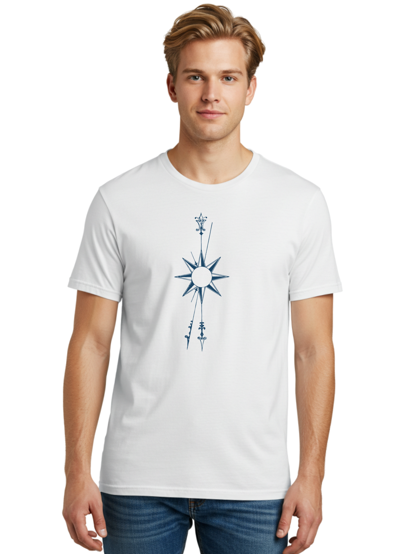 Vertical Compass Rose Men'S Graphic Tee, 100% Cotton, Comfortable Casual Summer Wear, Machine Washable, Stylish Star Emblem, Symmetrical Design, Floral Pattern, Modern Graphics, Abstract Art, Decorative Elements, Minimalist Style Aae771 18