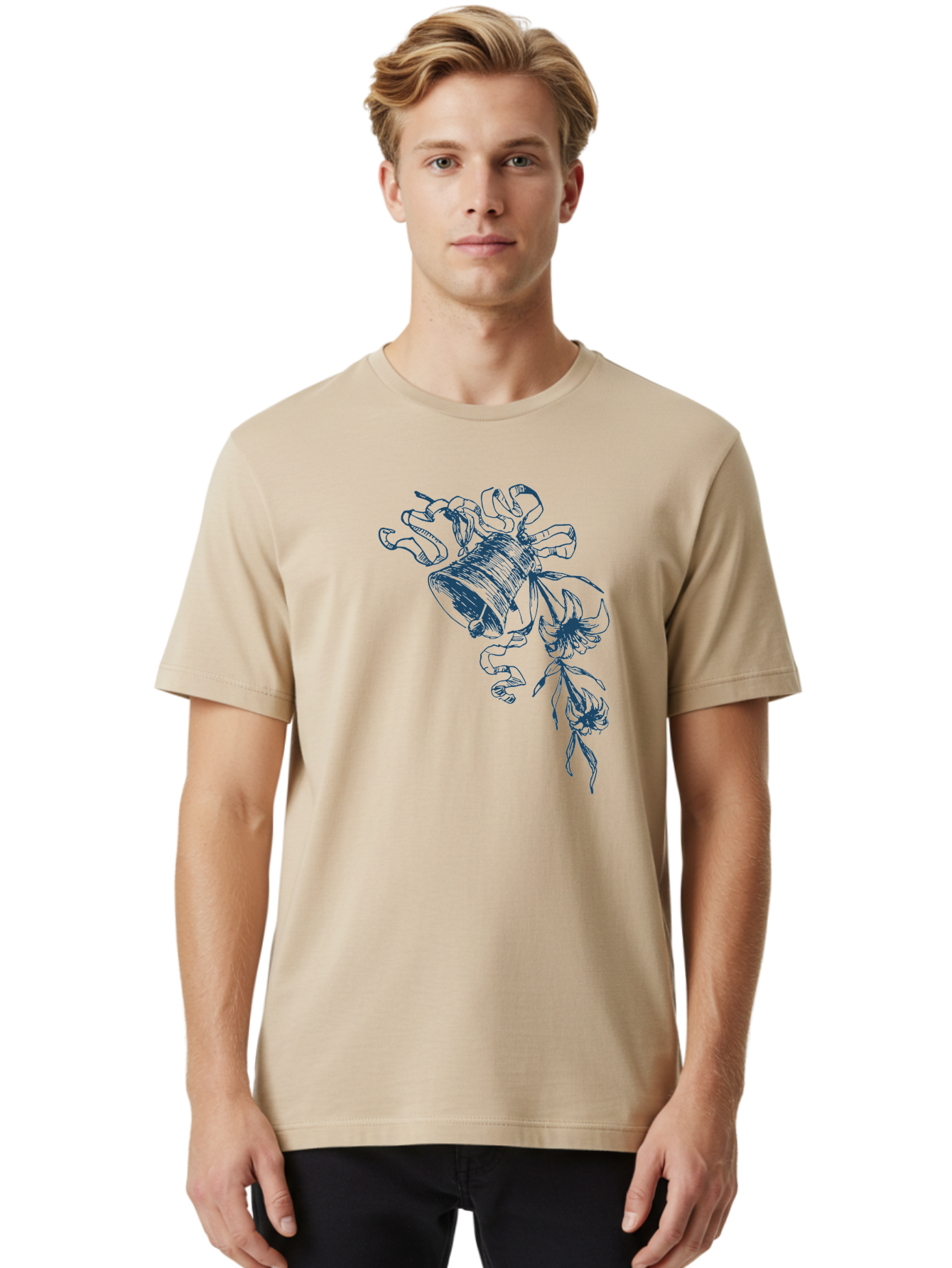 Victorian Bloom Ring Men'S Graphic Tee, 100% Cotton, Comfortable Casual Summer Wear, Machine Washable, Hand-Drawn Illustration, Bell With Flowers, Abstract Design, Floral Motifs, Whimsical Art, Creative Expression, Unique Visuals, Aae772 4