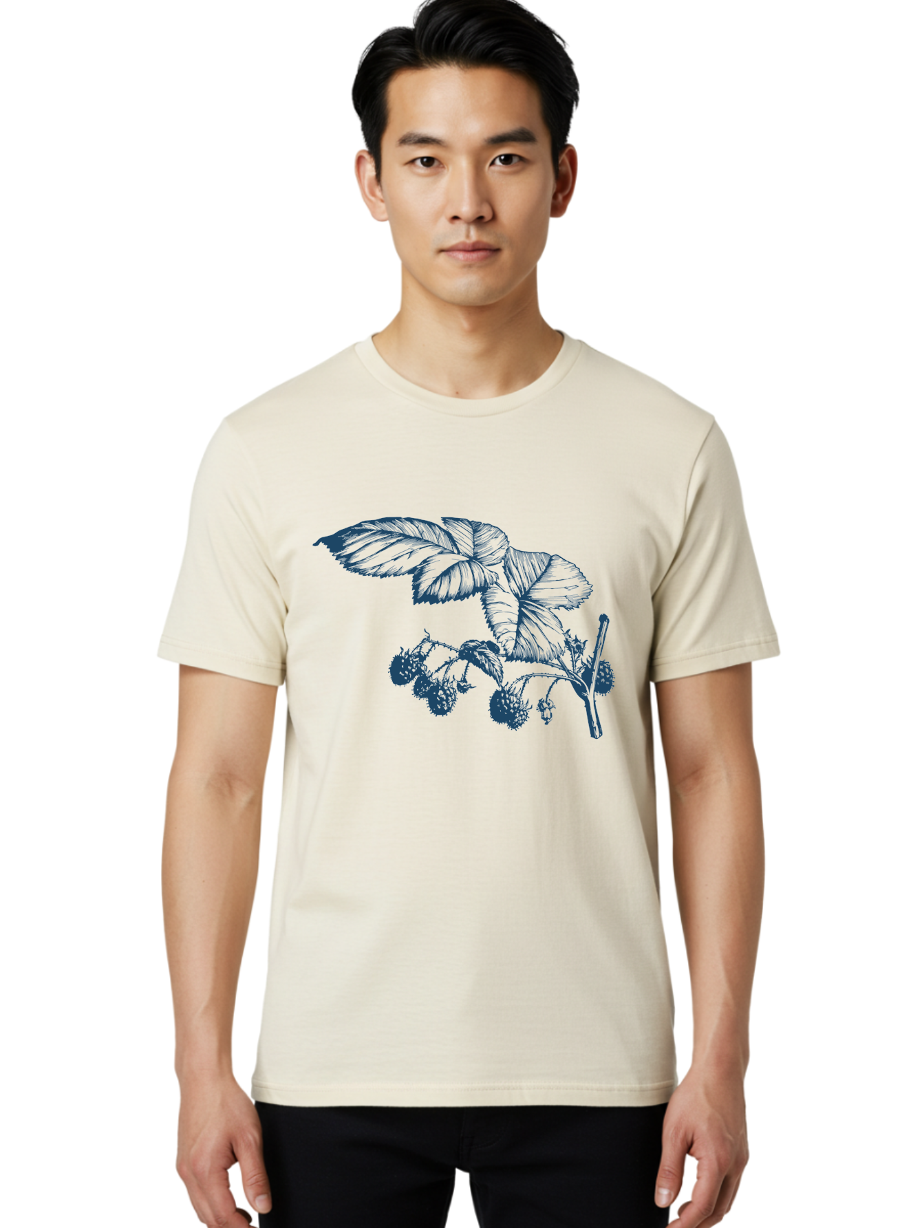 Vintage Berry Branch Men'S Graphic Tee, 100% Cotton, Comfortable Casual Summer Wear, Machine Washable, Blackberry Branch, Ripe Blackberries, Leaves And Fruit, Botanical Illustration, Detailed Drawing, Dark Blue Ink, Summer Harvest, Aae785