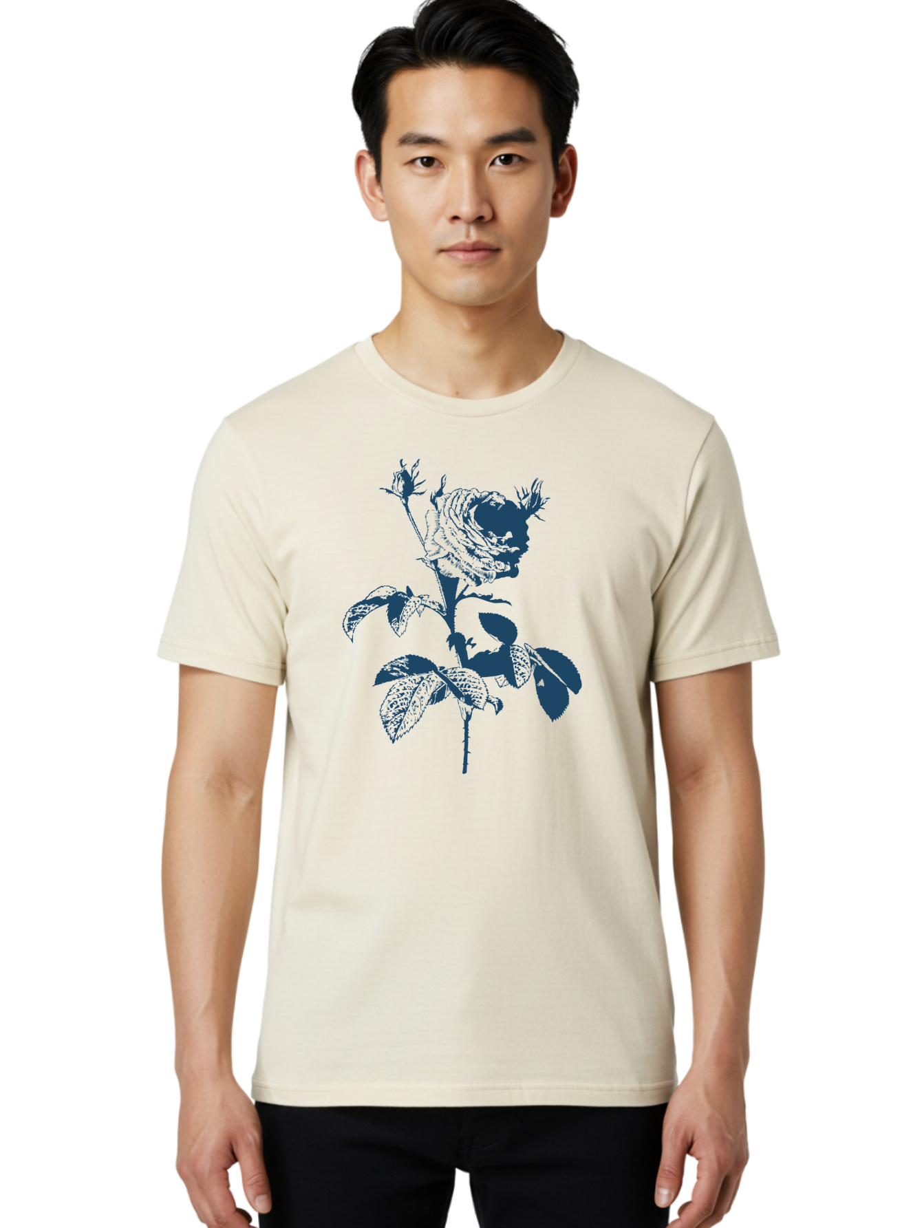 Vintage Garden Rose Men'S Graphic Tee, 100% Cotton, Comfortable Casual Summer Wear, Machine Washable, Rose With Leaves, Flower Illustration, Botanical Art, Dark Blue Rose, Floral Design, Leafy Stem, Nature-Inspired Graphics, Aae797 6