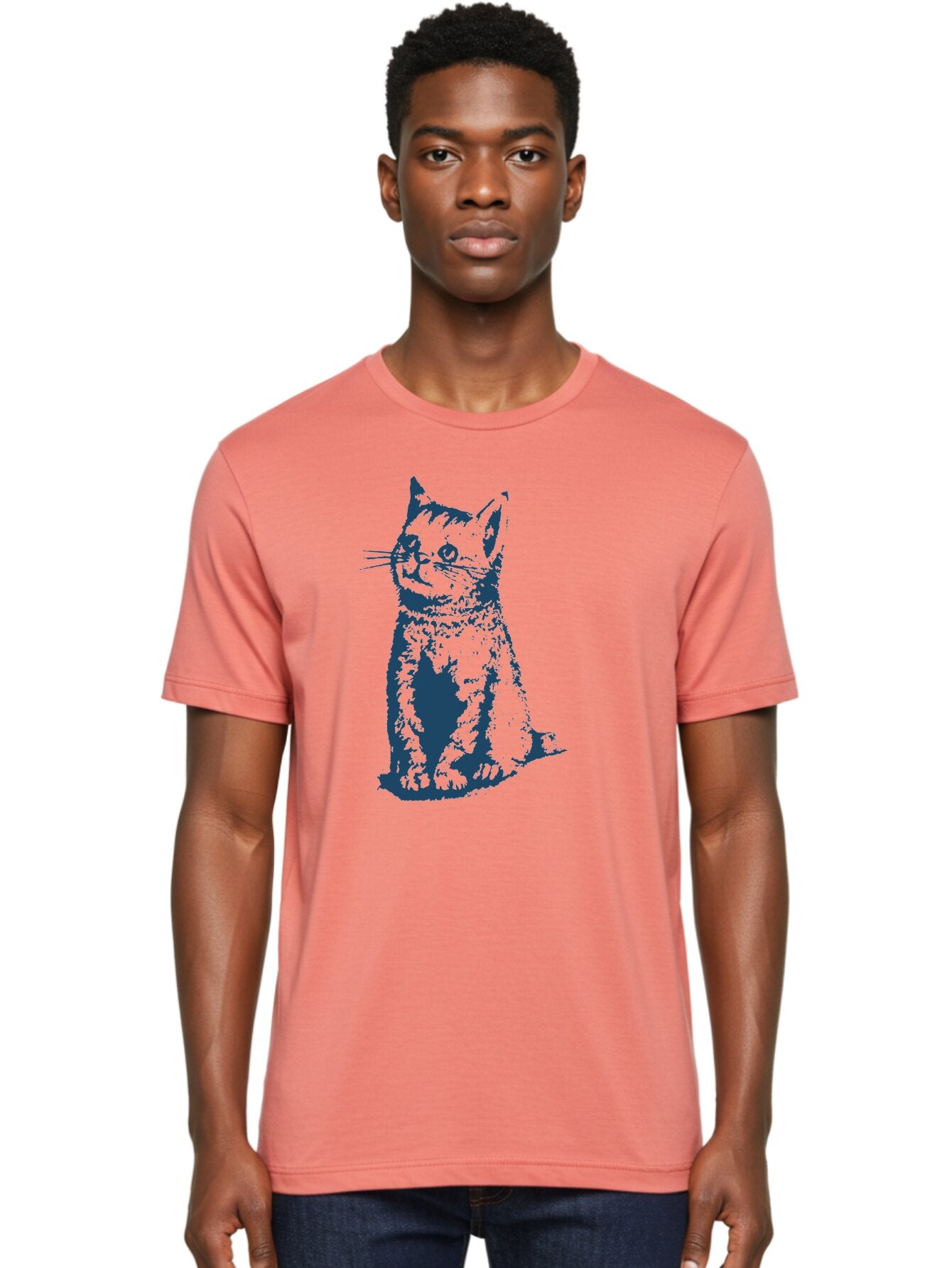 Vintage Sitting Cat Men'S Graphic Tee, 100% Cotton, Comfortable Casual Summer Wear, Machine Washable, Cat Illustration, Feline Artwork, Blue Cat On Green, Sitting Cat, Cat Portrait, Cat Graphics, Digital Cat Art, Cute Cat, Cat Design Aae810 29