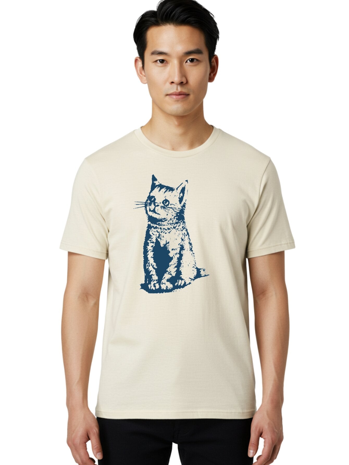 Vintage Sitting Cat Men'S Graphic Tee, 100% Cotton, Comfortable Casual Summer Wear, Machine Washable, Cat Illustration, Feline Artwork, Blue Cat On Green, Sitting Cat, Cat Portrait, Cat Graphics, Digital Cat Art, Cute Cat, Cat Design Aae810 24