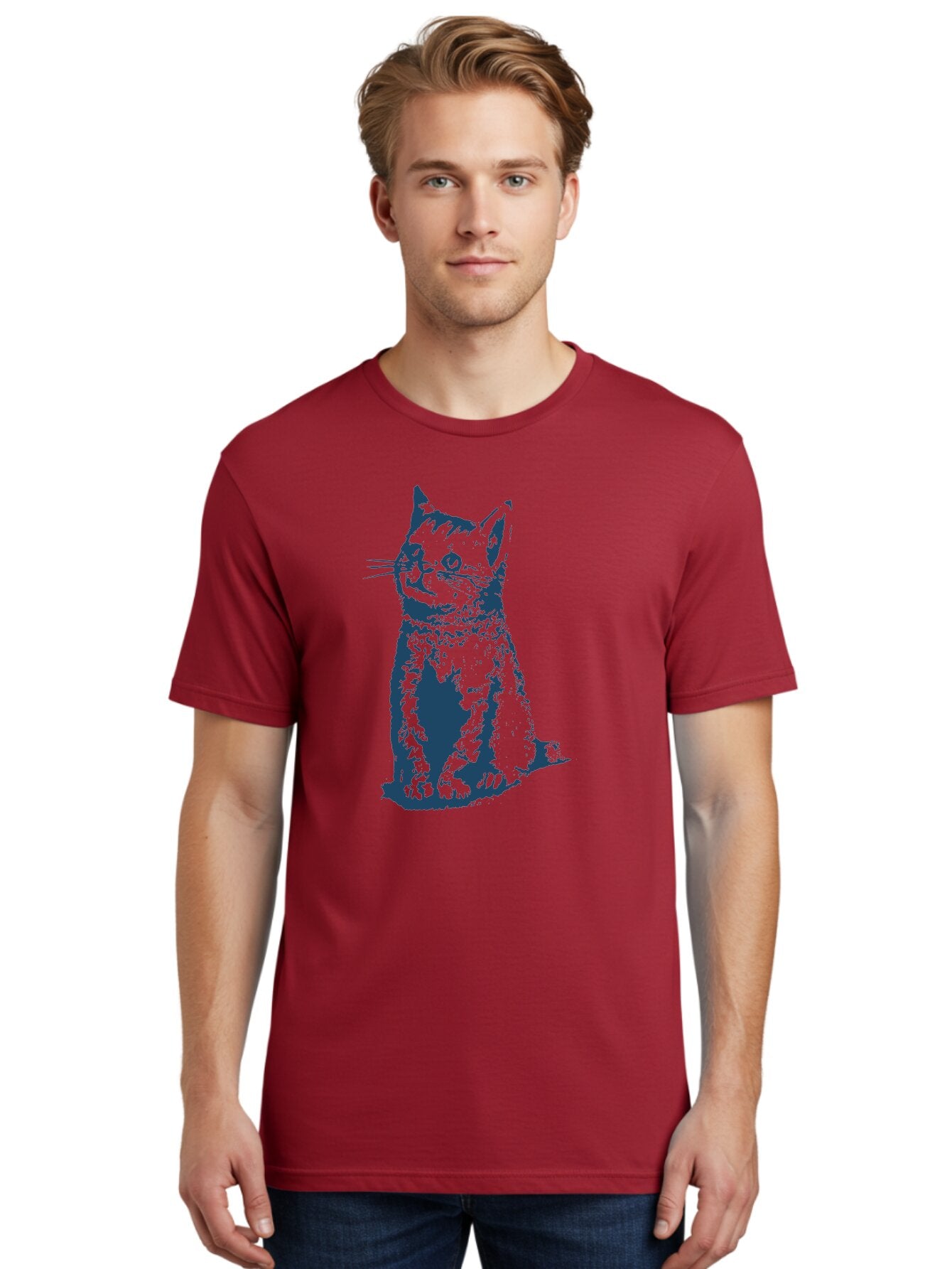 Vintage Sitting Cat Men'S Graphic Tee, 100% Cotton, Comfortable Casual Summer Wear, Machine Washable, Cat Illustration, Feline Artwork, Blue Cat On Green, Sitting Cat, Cat Portrait, Cat Graphics, Digital Cat Art, Cute Cat, Cat Design Aae810 23