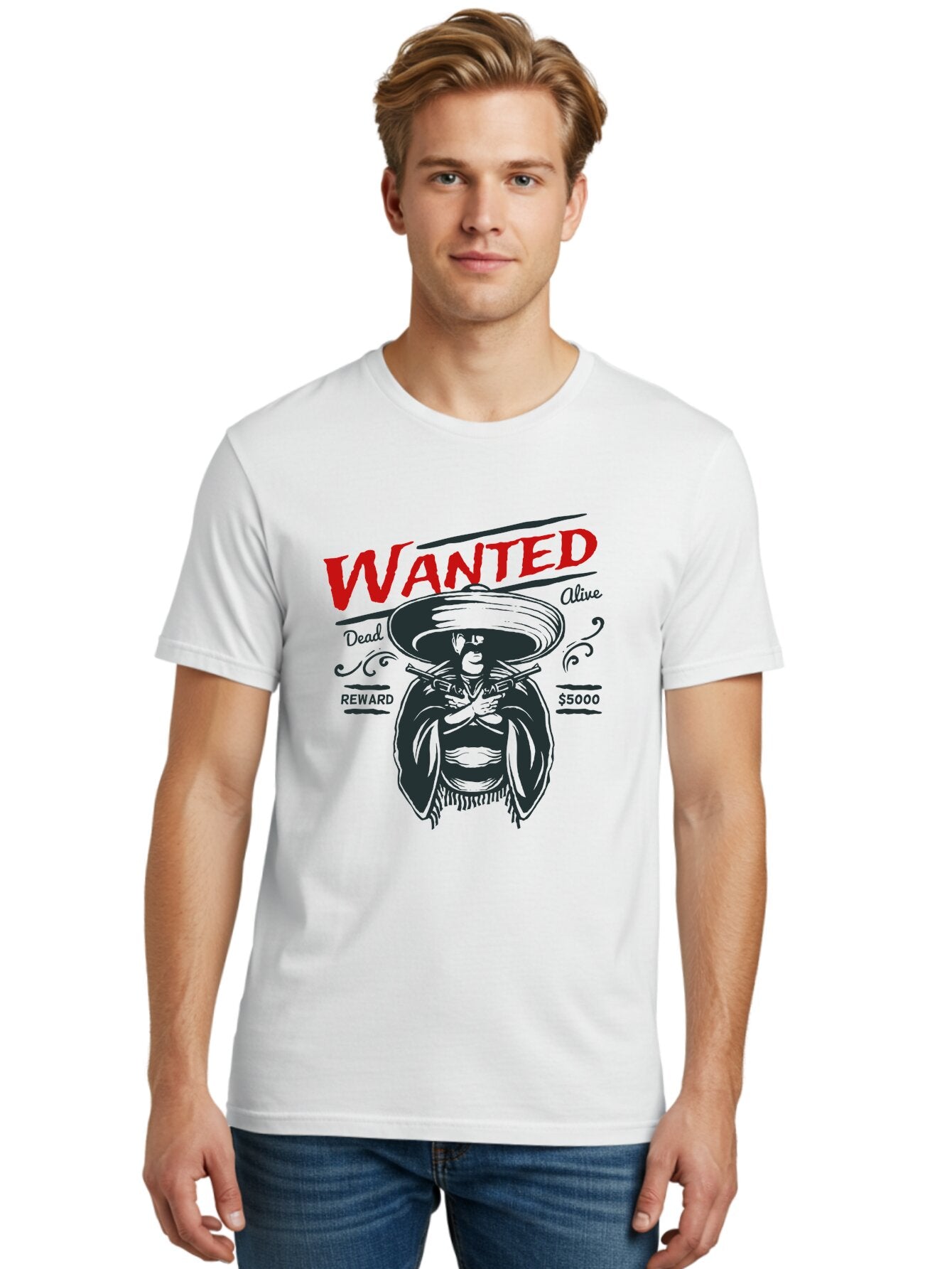 Wanted Men'S Graphic Tee, 100% Cotton, Comfortable Casual Summer Wear, Machine Washable, Wanted Poster, Mexican Bandit, Outlaw Illustration, Armed Fugitive, Vintage Wanted Sign, $5000 Reward, Dead Or Alive, Classic Western Art, Bold Graphics, Aae821 19
