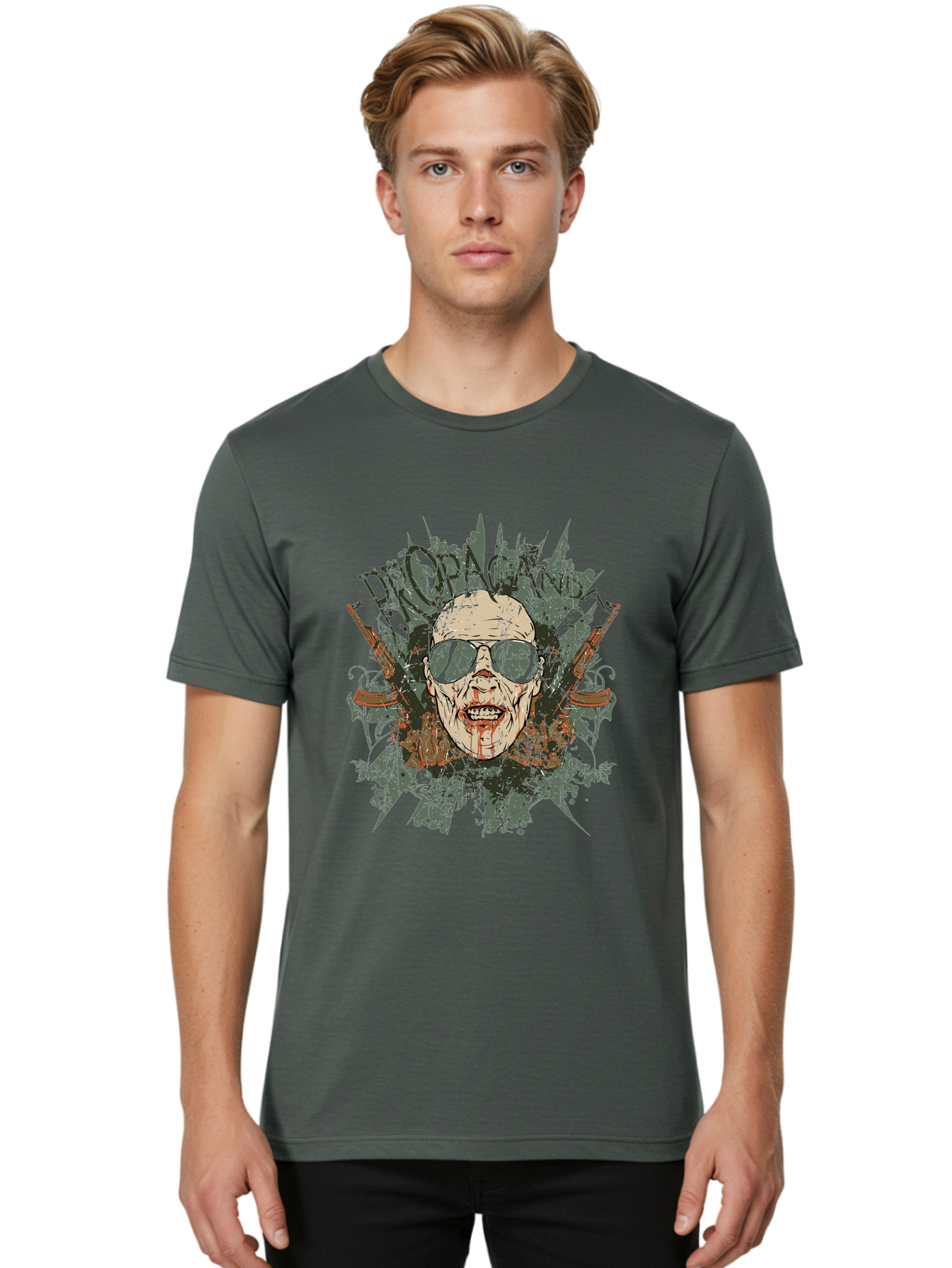Warhead Propaganda Men'S Graphic Tee, 100% Cotton, Comfortable Casual Summer Wear, Machine Washable, Zombie With Sunglasses, Bloody Face, Propaganda Art, Street Art Style, Punk Rock Aesthetic, Zombie Apocalypse, Dark Humor, Graphic Design, Aae822