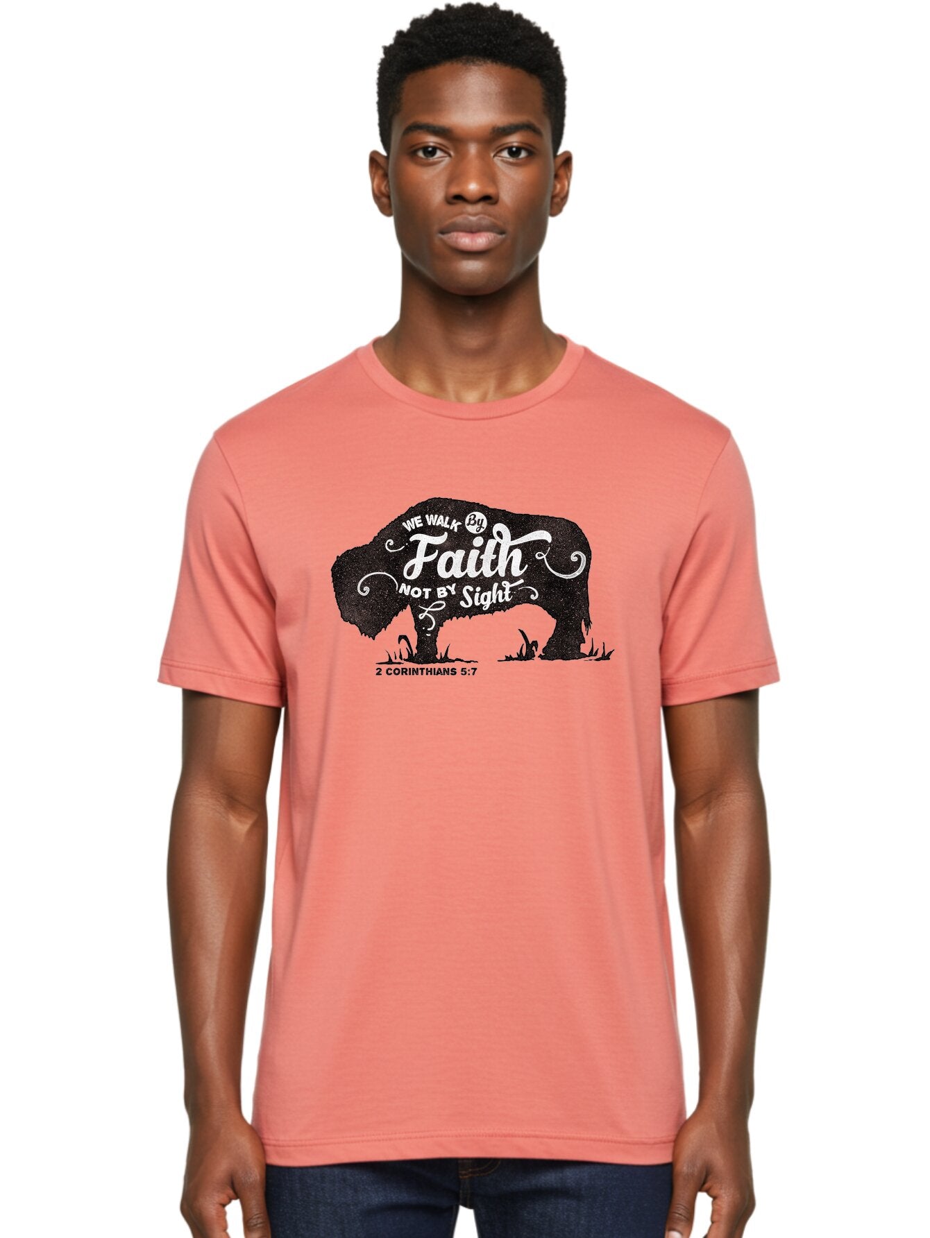 We Walk By Faith Men'S Graphic Tee, 100% Cotton, Comfortable Casual Summer Wear, Machine Washable, Faith Quote, Inspirational Quote, Motivational Quote, Bison Silhouette, Religious Quote, 2 Corinthians 5:7, Christian Art Aae829 25