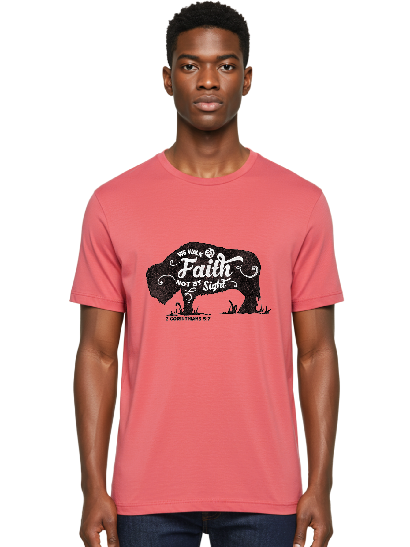 We Walk By Faith Men'S Graphic Tee, 100% Cotton, Comfortable Casual Summer Wear, Machine Washable, Faith Quote, Inspirational Quote, Motivational Quote, Bison Silhouette, Religious Quote, 2 Corinthians 5:7, Christian Art Aae829 12