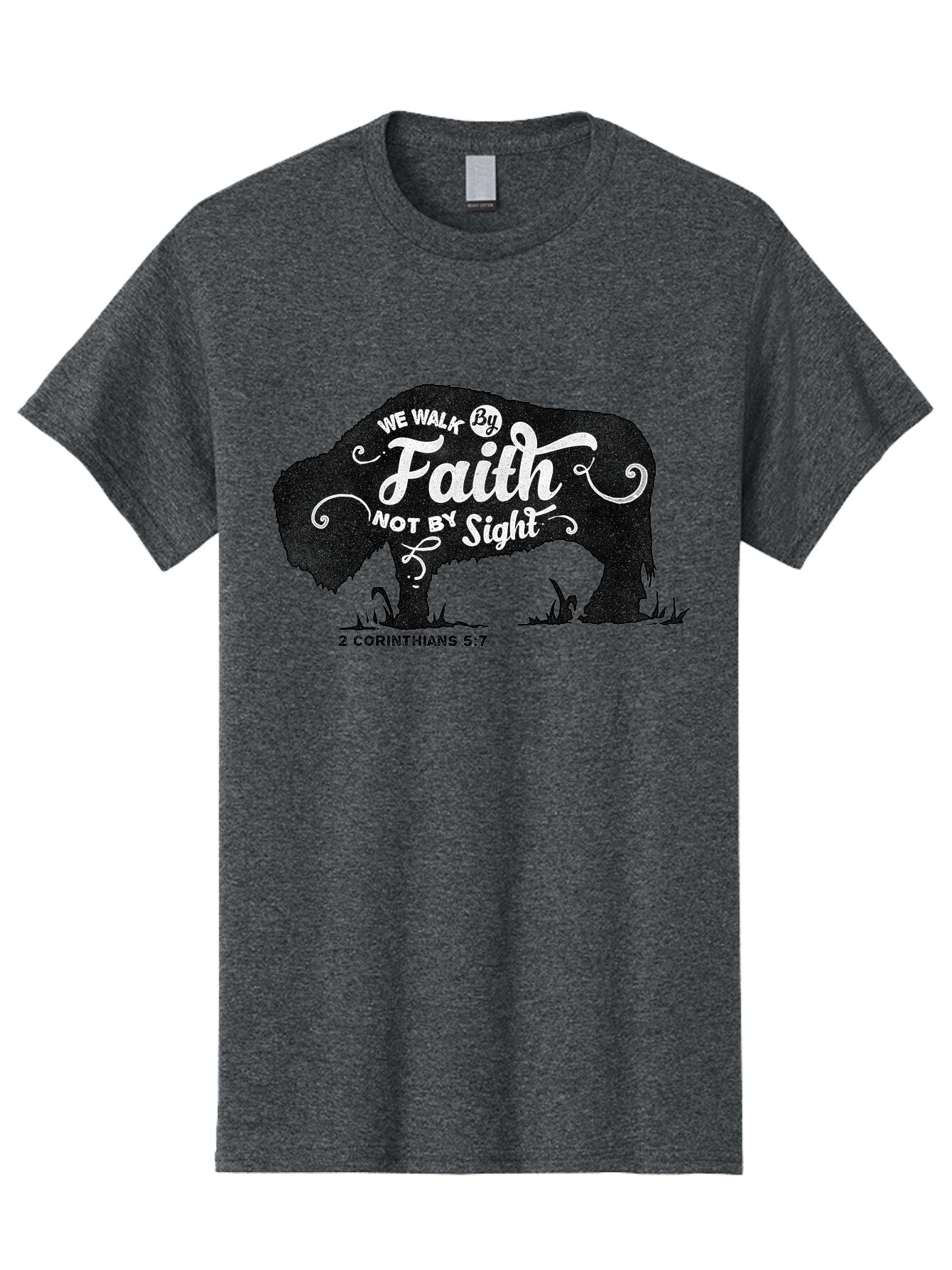 We Walk By Faith Men'S Graphic Tee, 100% Cotton, Comfortable Casual Summer Wear, Machine Washable, Faith Quote, Inspirational Quote, Motivational Quote, Bison Silhouette, Religious Quote, 2 Corinthians 5:7, Christian Art Aae829 3