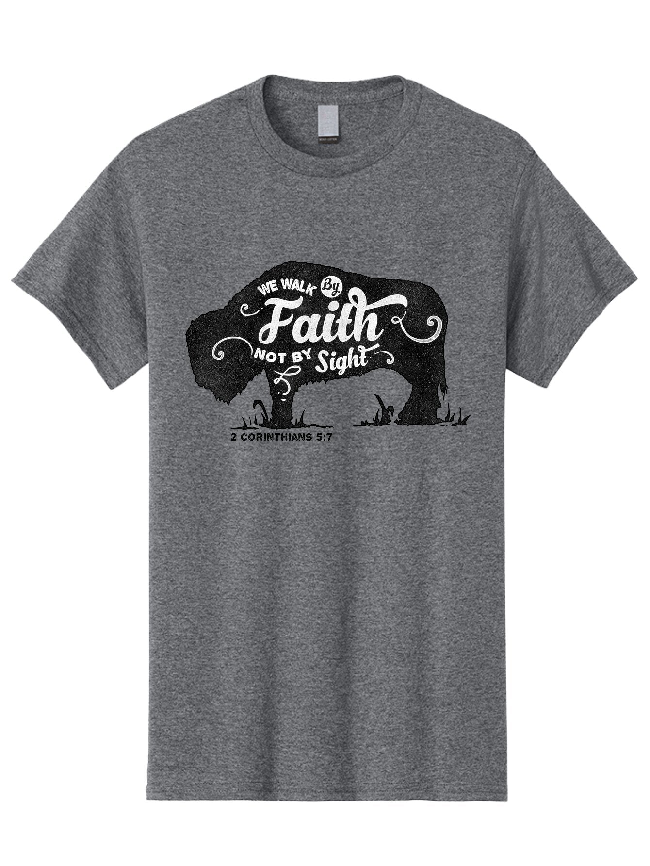 We Walk By Faith Men'S Graphic Tee, 100% Cotton, Comfortable Casual Summer Wear, Machine Washable, Faith Quote, Inspirational Quote, Motivational Quote, Bison Silhouette, Religious Quote, 2 Corinthians 5:7, Christian Art Aae829 15