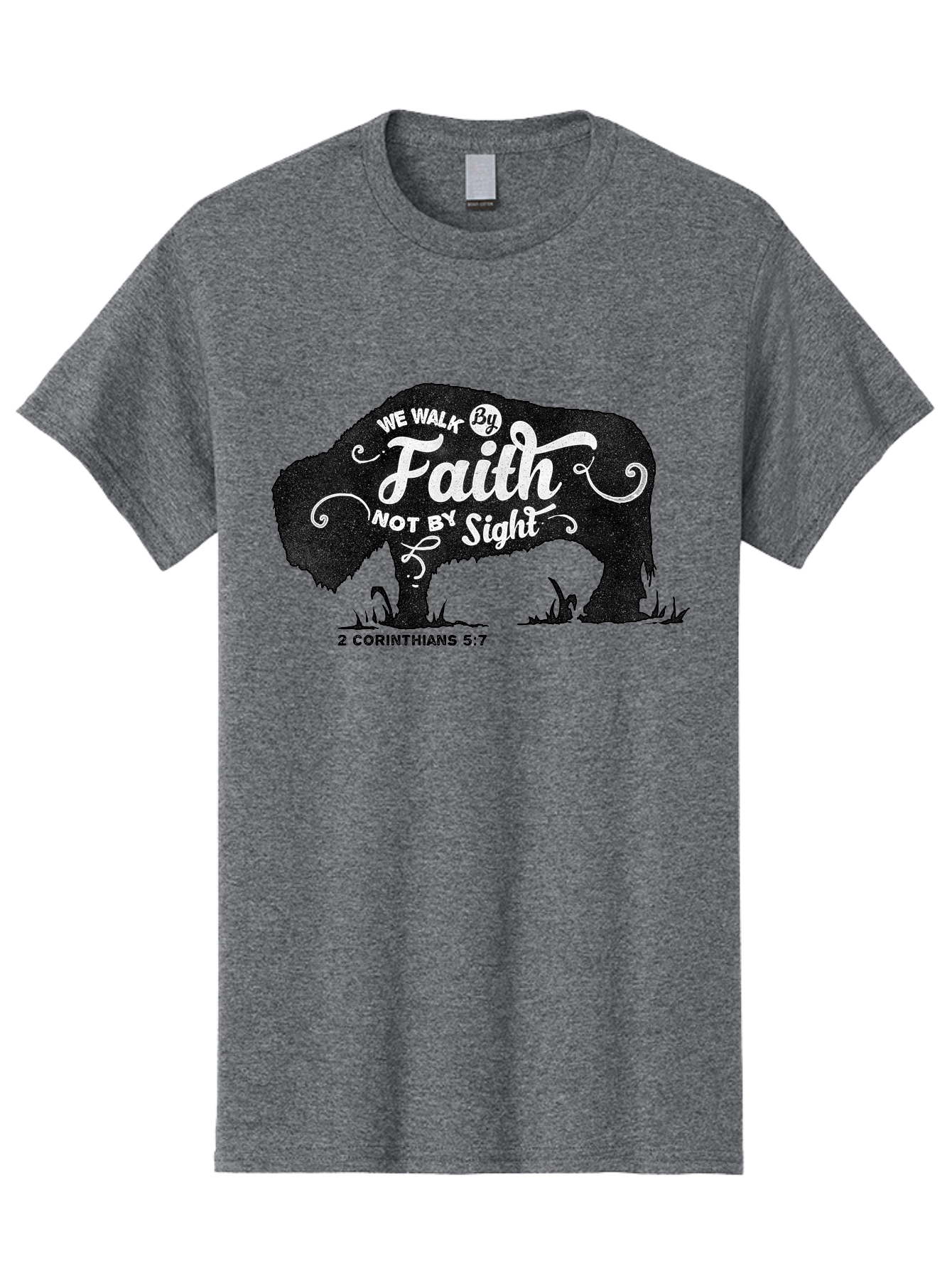 We Walk By Faith Men'S Graphic Tee, 100% Cotton, Comfortable Casual Summer Wear, Machine Washable, Faith Quote, Inspirational Quote, Motivational Quote, Bison Silhouette, Religious Quote, 2 Corinthians 5:7, Christian Art Aae829
