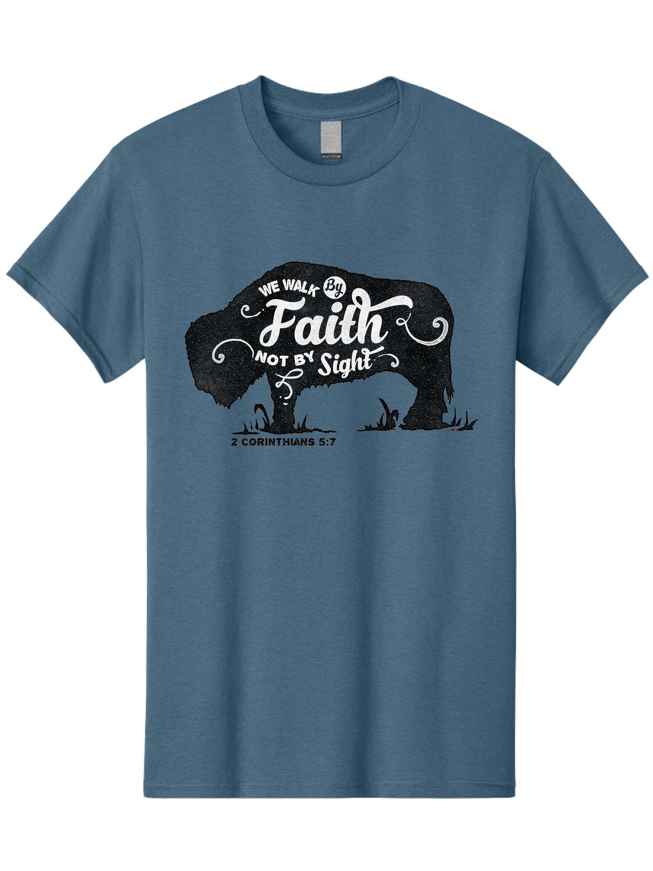 We Walk By Faith Men'S Graphic Tee, 100% Cotton, Comfortable Casual Summer Wear, Machine Washable, Faith Quote, Inspirational Quote, Motivational Quote, Bison Silhouette, Religious Quote, 2 Corinthians 5:7, Christian Art Aae829 23