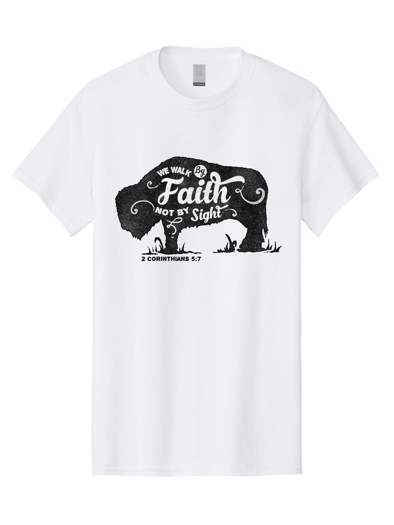 We Walk By Faith Men'S Graphic Tee, 100% Cotton, Comfortable Casual Summer Wear, Machine Washable, Faith Quote, Inspirational Quote, Motivational Quote, Bison Silhouette, Religious Quote, 2 Corinthians 5:7, Christian Art Aae829 12