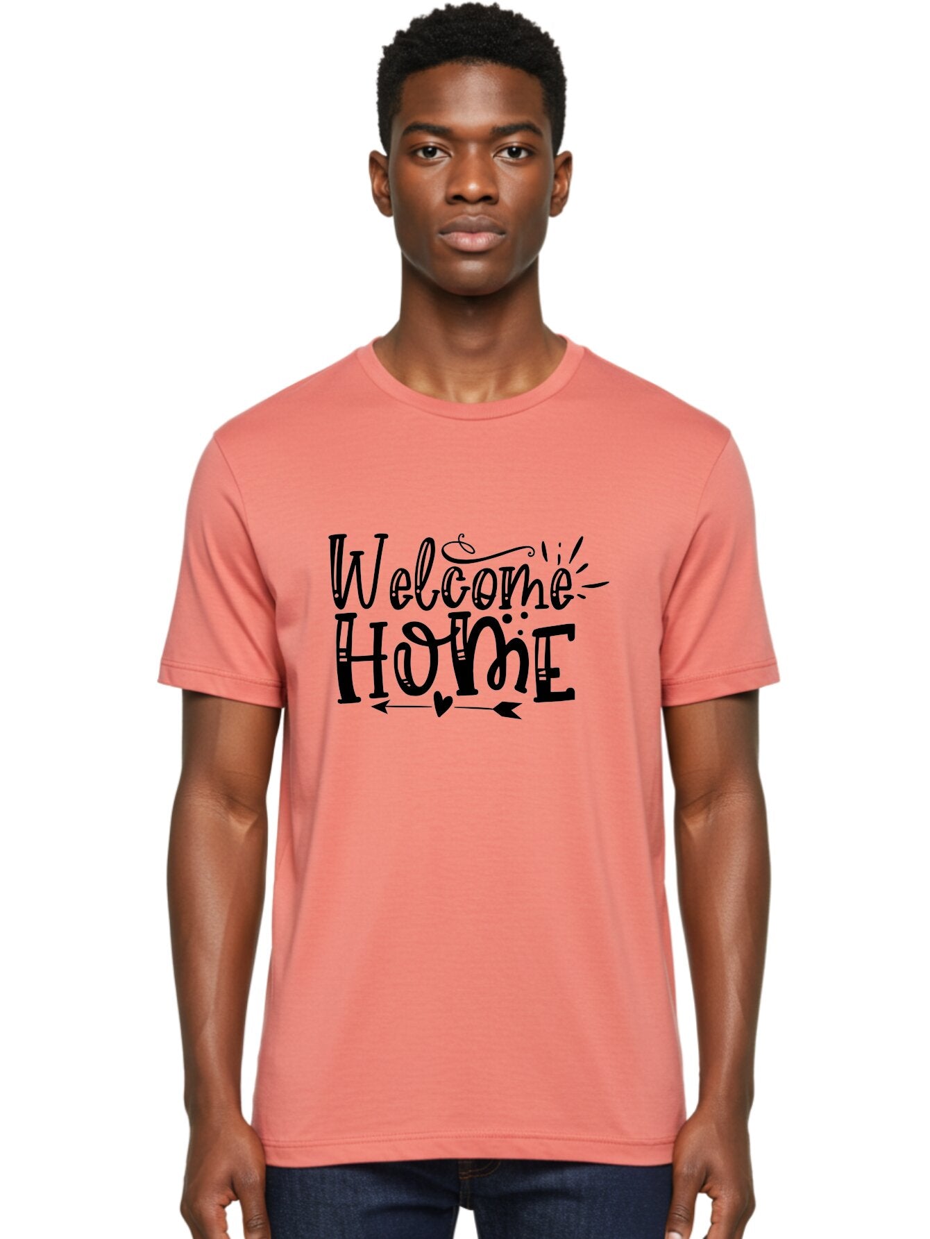 Welcome Home Men'S Graphic Tee, 100% Cotton, Comfortable Casual Summer Wear, Machine Washable, Welcome Home Sign, Home Decor, Home Sweet Home, Warm Welcome, Home Signage, Decorative Text, Arrow Design, Heart Symbol, Typography Art, Aae831 21