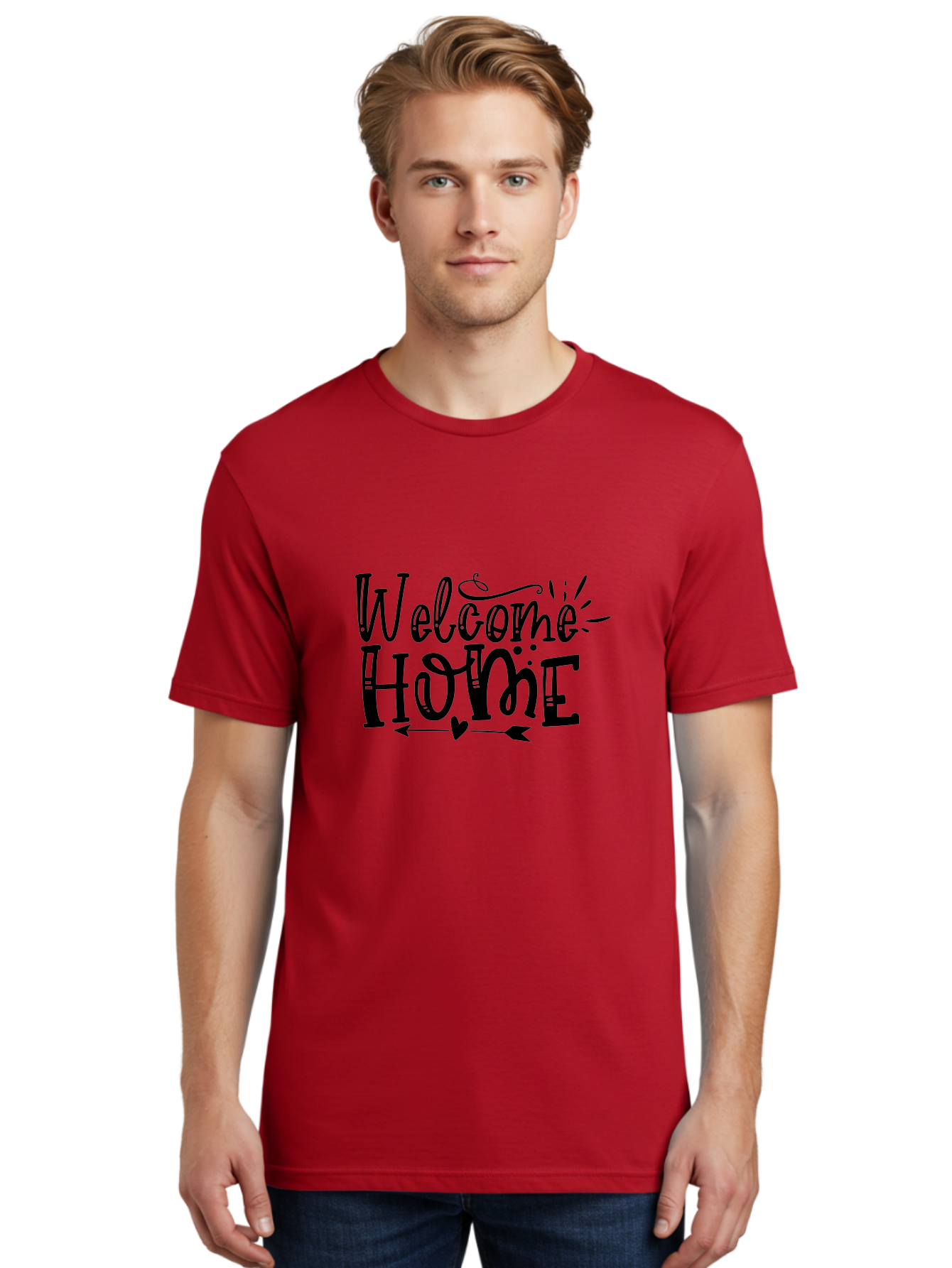 Welcome Home Men'S Graphic Tee, 100% Cotton, Comfortable Casual Summer Wear, Machine Washable, Welcome Home Sign, Home Decor, Home Sweet Home, Warm Welcome, Home Signage, Decorative Text, Arrow Design, Heart Symbol, Typography Art, Aae831