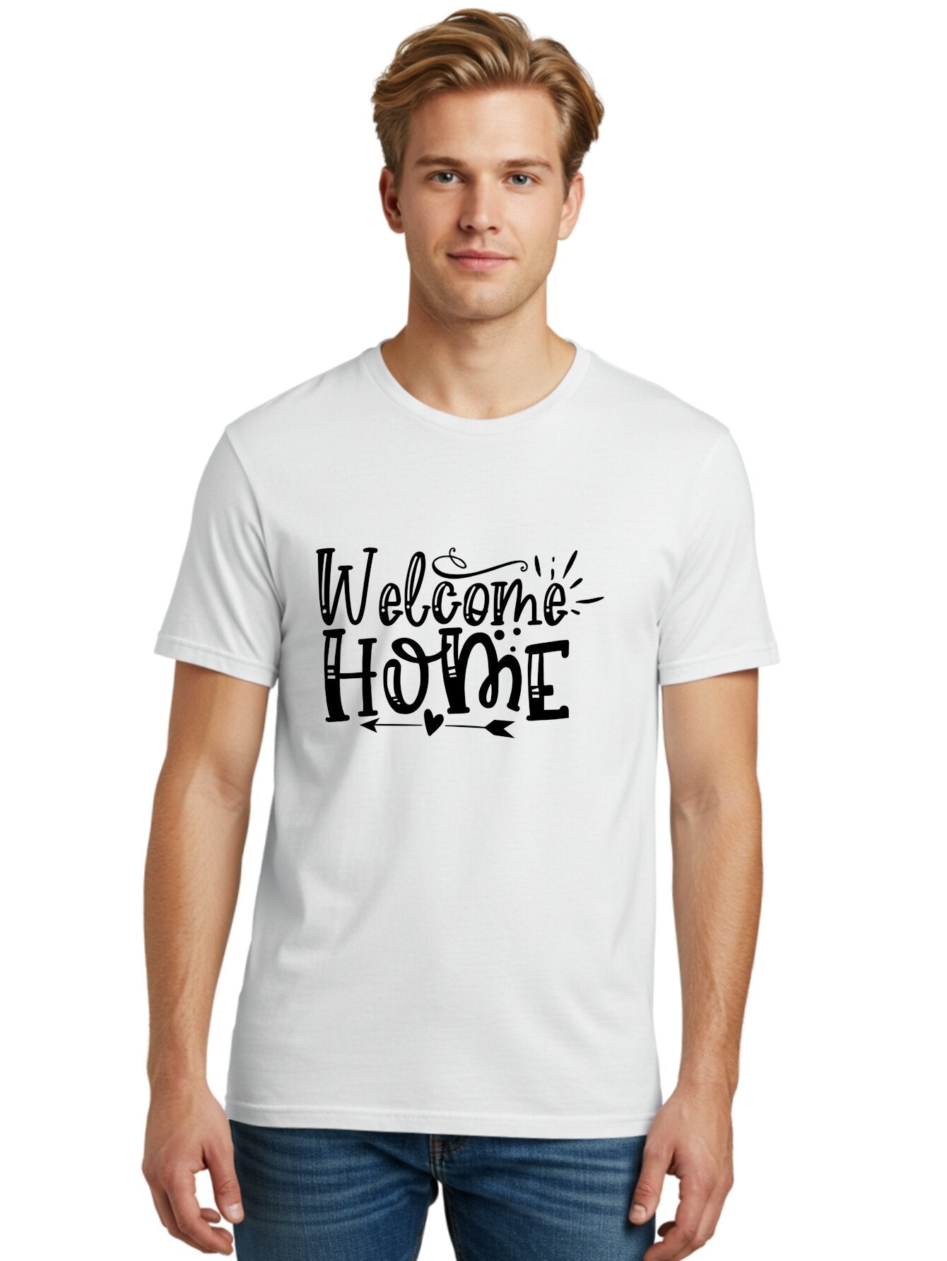 Welcome Home Men'S Graphic Tee, 100% Cotton, Comfortable Casual Summer Wear, Machine Washable, Welcome Home Sign, Home Decor, Home Sweet Home, Warm Welcome, Home Signage, Decorative Text, Arrow Design, Heart Symbol, Typography Art, Aae831 18