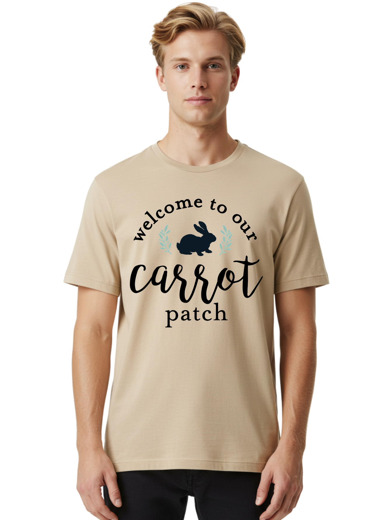 Welcome To Our Carrot Patch Men'S Graphic Tee, 100% Cotton, Comfortable Casual Summer Wear, Machine Washable, Bunny Silhouette, Welcome Sign, Carrot Patch, Leafy Greens, Spring Theme, Easter Decor, Rabbit Graphics, Garden Welcome Aae832 16