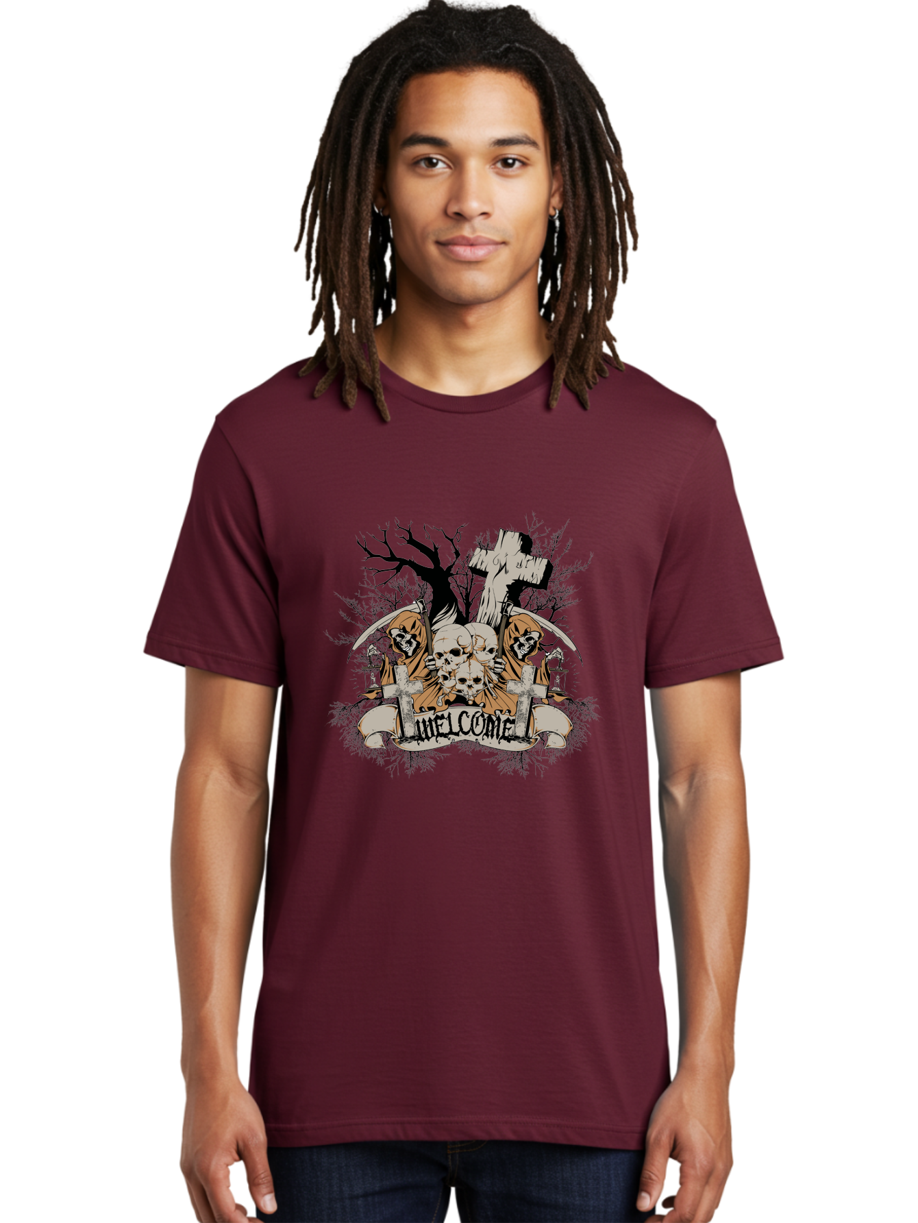 Welcome To The Graveyard Men'S Graphic Tee, 100% Cotton, Comfortable Casual Summer Wear, Machine Washable, Grim Reaper, Skulls, Graveyard, Cross, Cemetery, Dark Art, Gothic Design, Welcome Sign, Reaper Illustration, Death Symbolism, Spooky Art Aae834