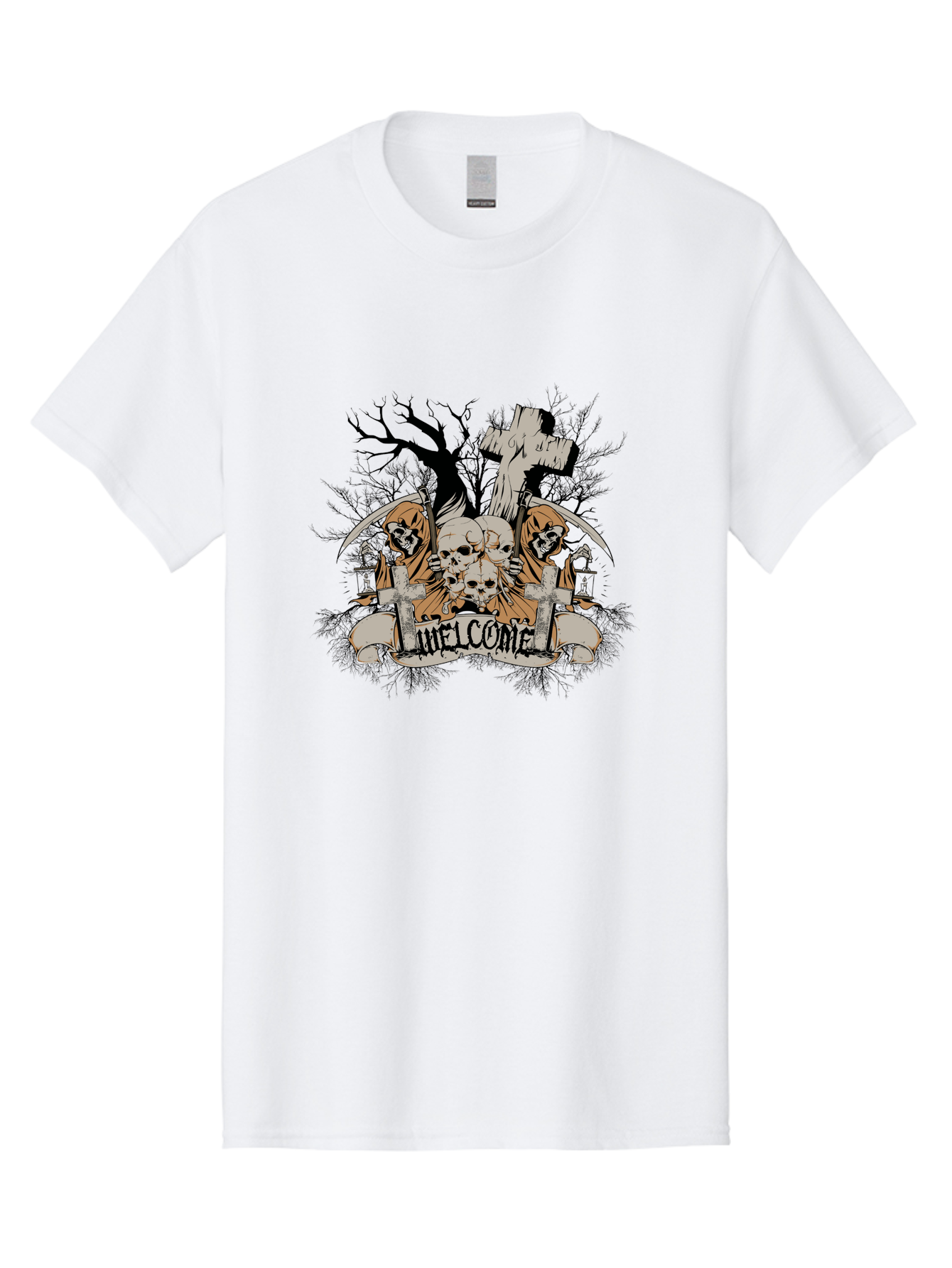 Welcome To The Graveyard Men'S Graphic Tee, 100% Cotton, Comfortable Casual Summer Wear, Machine Washable, Grim Reaper, Skulls, Graveyard, Cross, Cemetery, Dark Art, Gothic Design, Welcome Sign, Reaper Illustration, Death Symbolism, Spooky Art Aae834 13