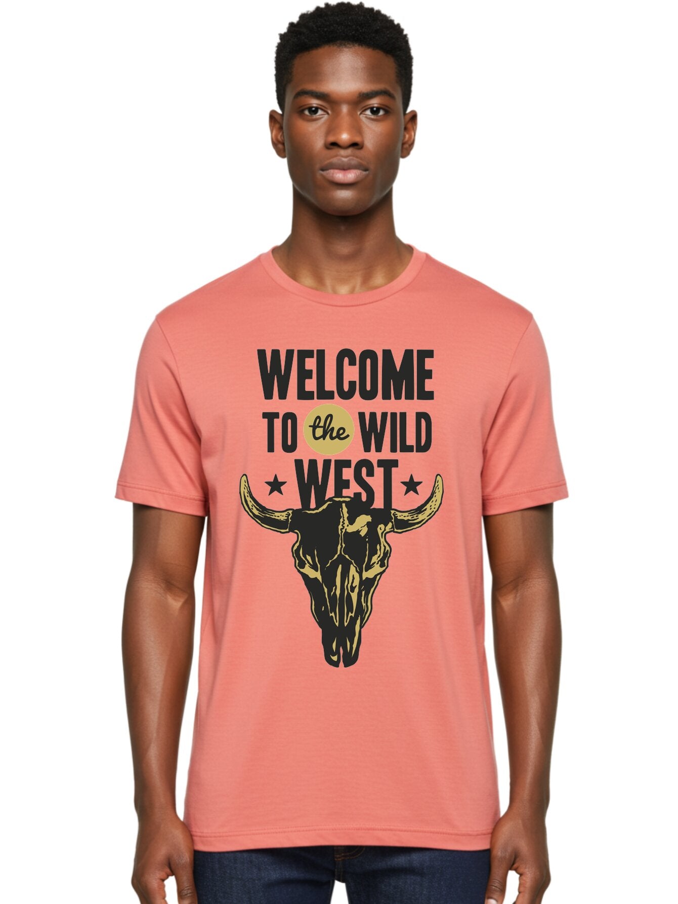 Welcome To The Wild West Men'S Graphic Tee, 100% Cotton, Comfortable Casual Summer Wear, Machine Washable, Western Cowboy Theme, Wild West, Cow Skull, Western Design, Country Style, Bold Typography, Star Symbols, Cowboy Culture, Western Art, Aae835 22