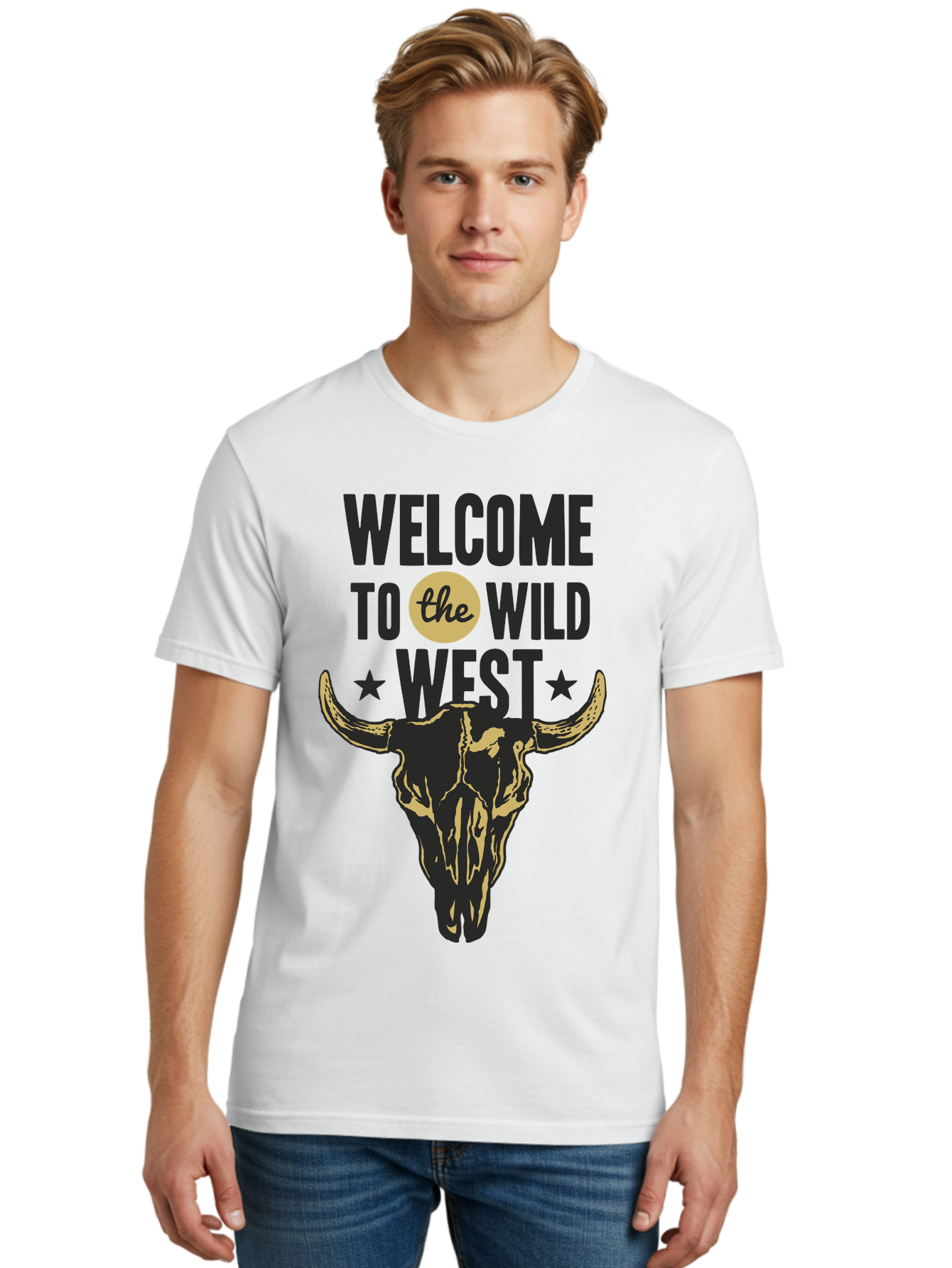 Welcome To The Wild West Men'S Graphic Tee, 100% Cotton, Comfortable Casual Summer Wear, Machine Washable, Western Cowboy Theme, Wild West, Cow Skull, Western Design, Country Style, Bold Typography, Star Symbols, Cowboy Culture, Western Art, Aae835