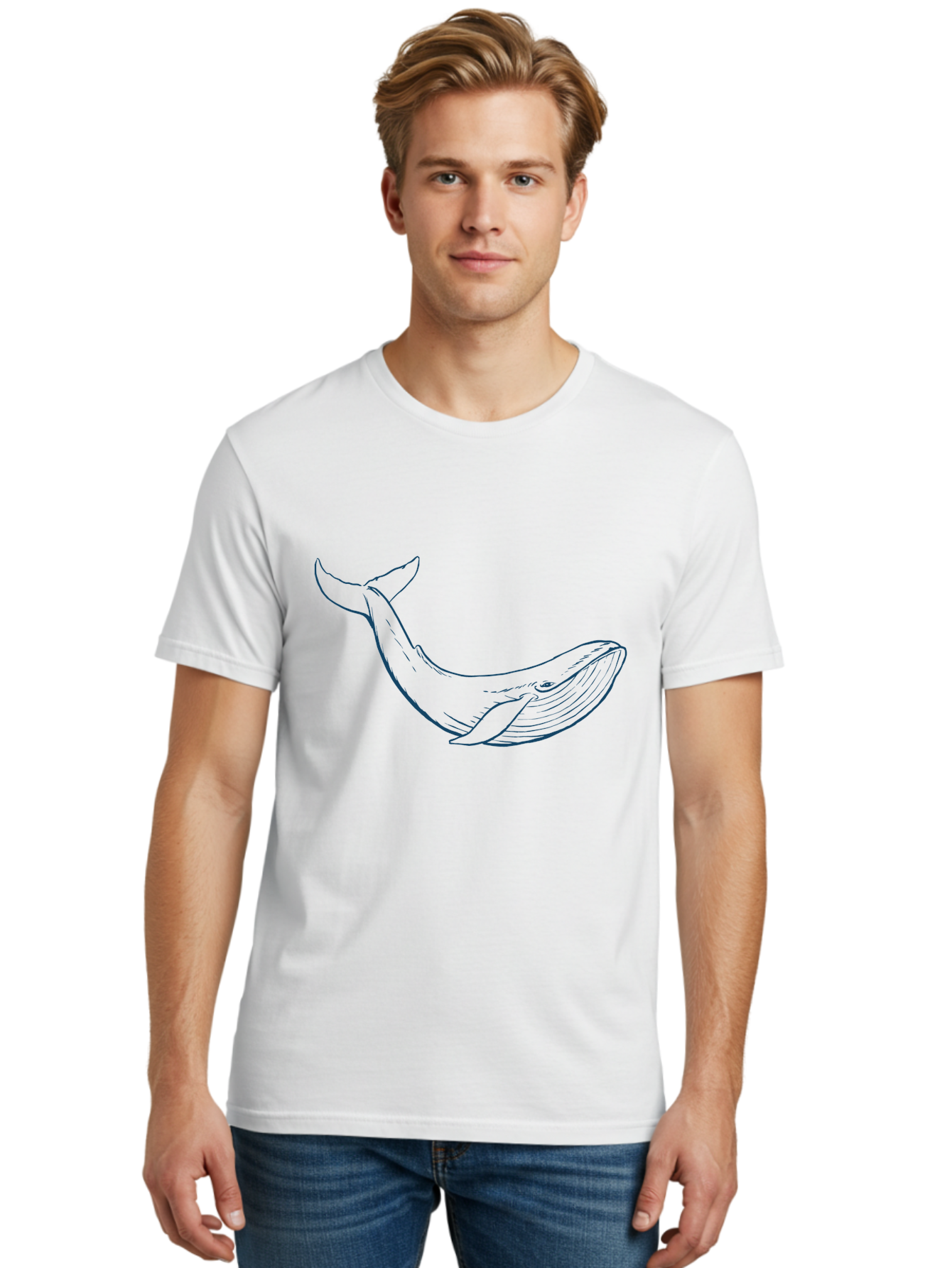 Whale Men'S Graphic Tee, 100% Cotton, Comfortable Casual Summer Wear, Machine Washable, Whale Illustration, Simple Line Art, Minimalist Design, Ocean Creature, Marine Life, Simple Shapes, Elegant Lines, Abstract Art Aae836