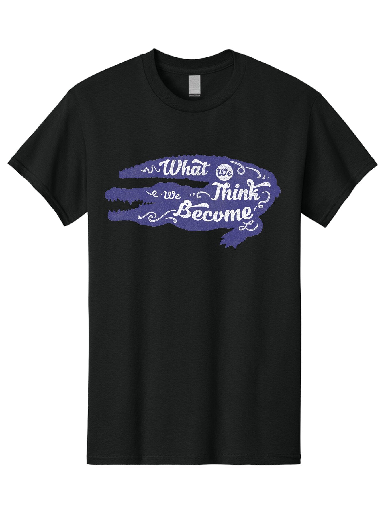 What We Think We Become Men'S Graphic Tee, 100% Cotton, Comfortable Casual Summer Wear, Machine Washable, Inspirational Quote, Motivational Words, Alligator Silhouette, Creative Typography, White Text On Dark Purple, Positive Affirmations, Aae837 9