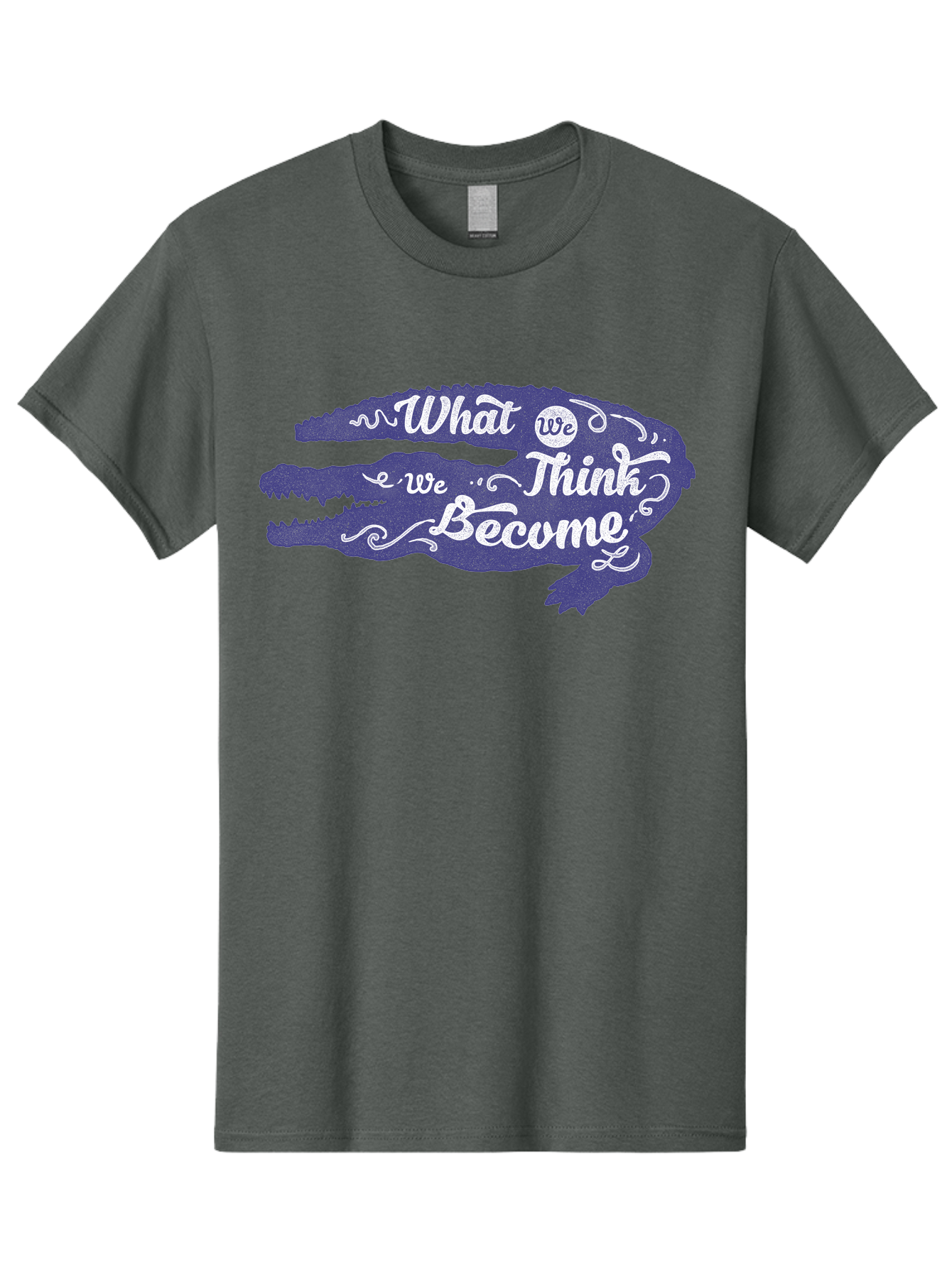 What We Think We Become Men'S Graphic Tee, 100% Cotton, Comfortable Casual Summer Wear, Machine Washable, Inspirational Quote, Motivational Words, Alligator Silhouette, Creative Typography, White Text On Dark Purple, Positive Affirmations, Aae837 17