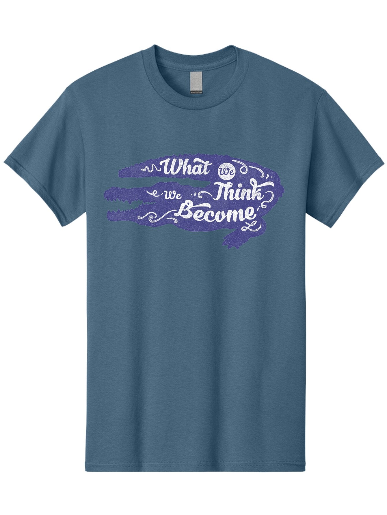 What We Think We Become Men'S Graphic Tee, 100% Cotton, Comfortable Casual Summer Wear, Machine Washable, Inspirational Quote, Motivational Words, Alligator Silhouette, Creative Typography, White Text On Dark Purple, Positive Affirmations, Aae837