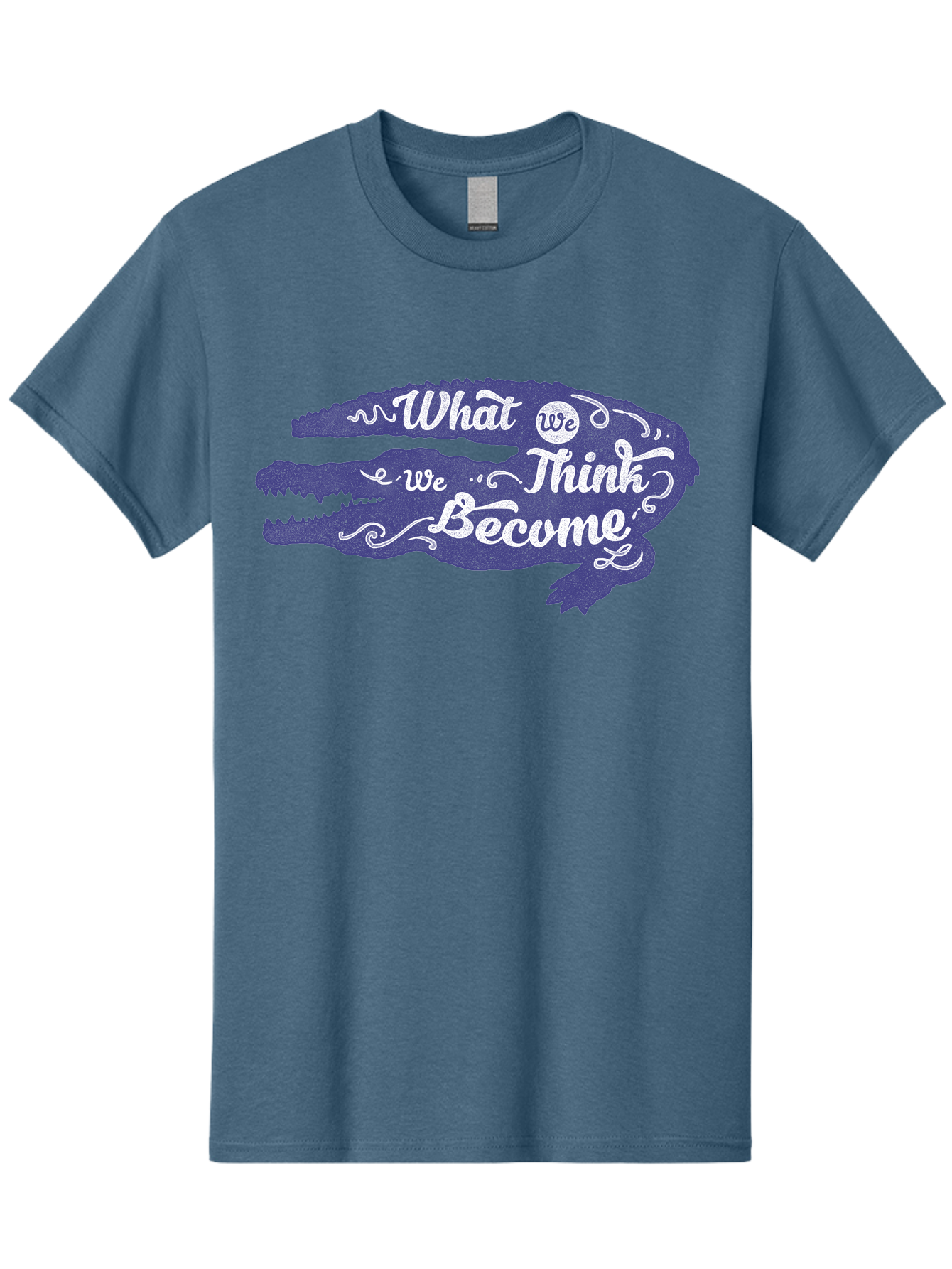 What We Think We Become Men'S Graphic Tee, 100% Cotton, Comfortable Casual Summer Wear, Machine Washable, Inspirational Quote, Motivational Words, Alligator Silhouette, Creative Typography, White Text On Dark Purple, Positive Affirmations, Aae837 21