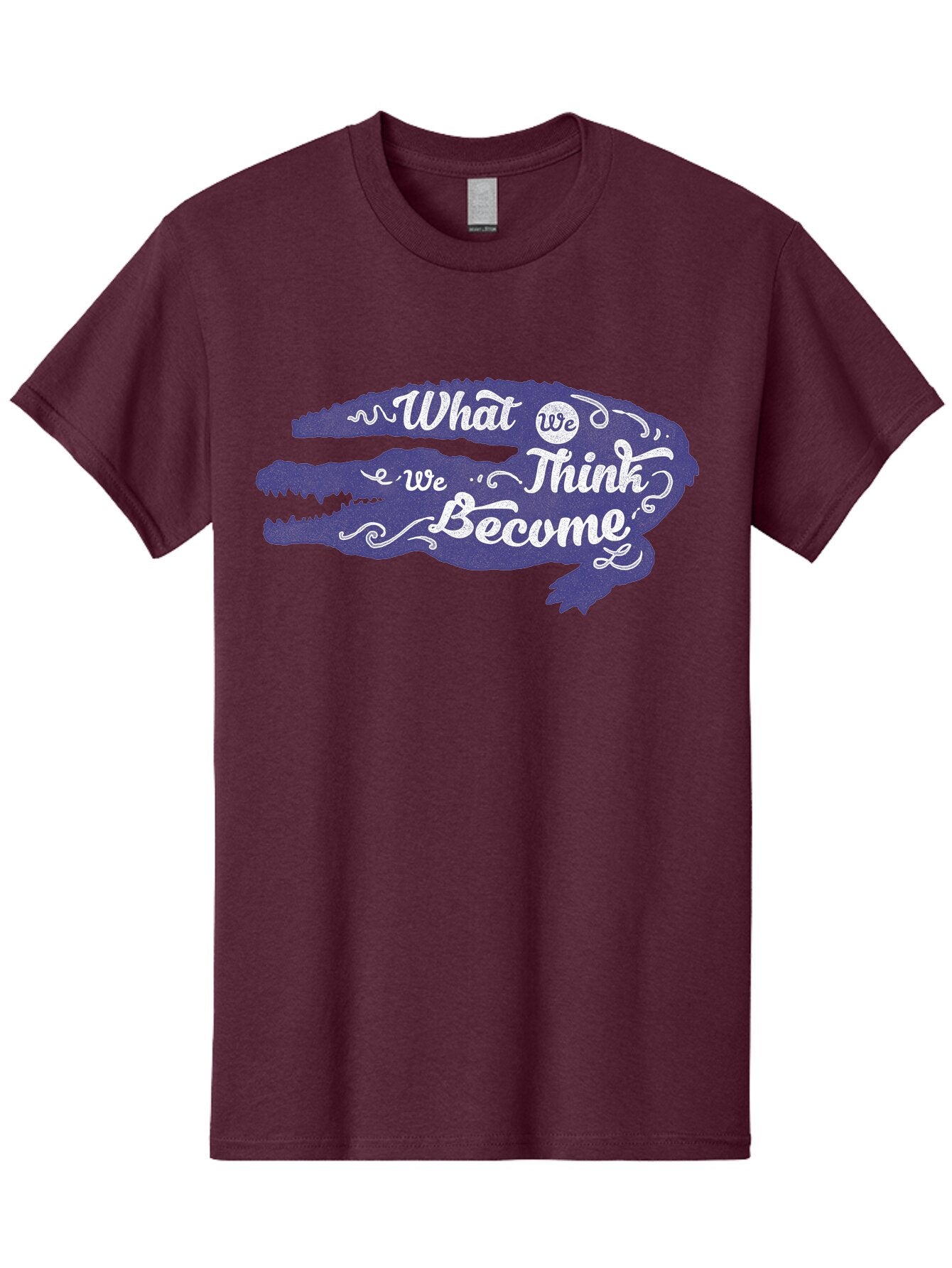 What We Think We Become Men'S Graphic Tee, 100% Cotton, Comfortable Casual Summer Wear, Machine Washable, Inspirational Quote, Motivational Words, Alligator Silhouette, Creative Typography, White Text On Dark Purple, Positive Affirmations, Aae837 14