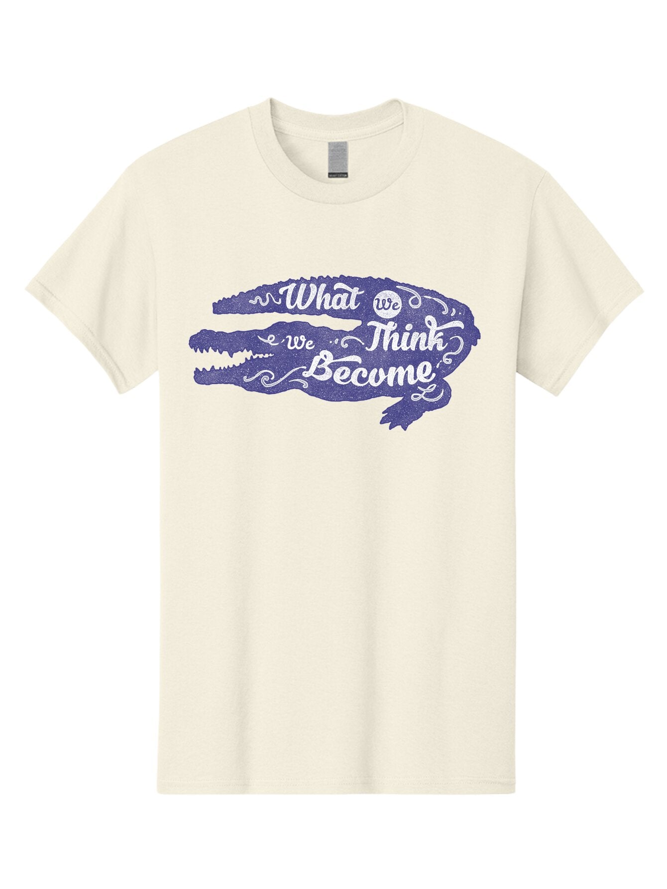 What We Think We Become Men'S Graphic Tee, 100% Cotton, Comfortable Casual Summer Wear, Machine Washable, Inspirational Quote, Motivational Words, Alligator Silhouette, Creative Typography, White Text On Dark Purple, Positive Affirmations, Aae837 4