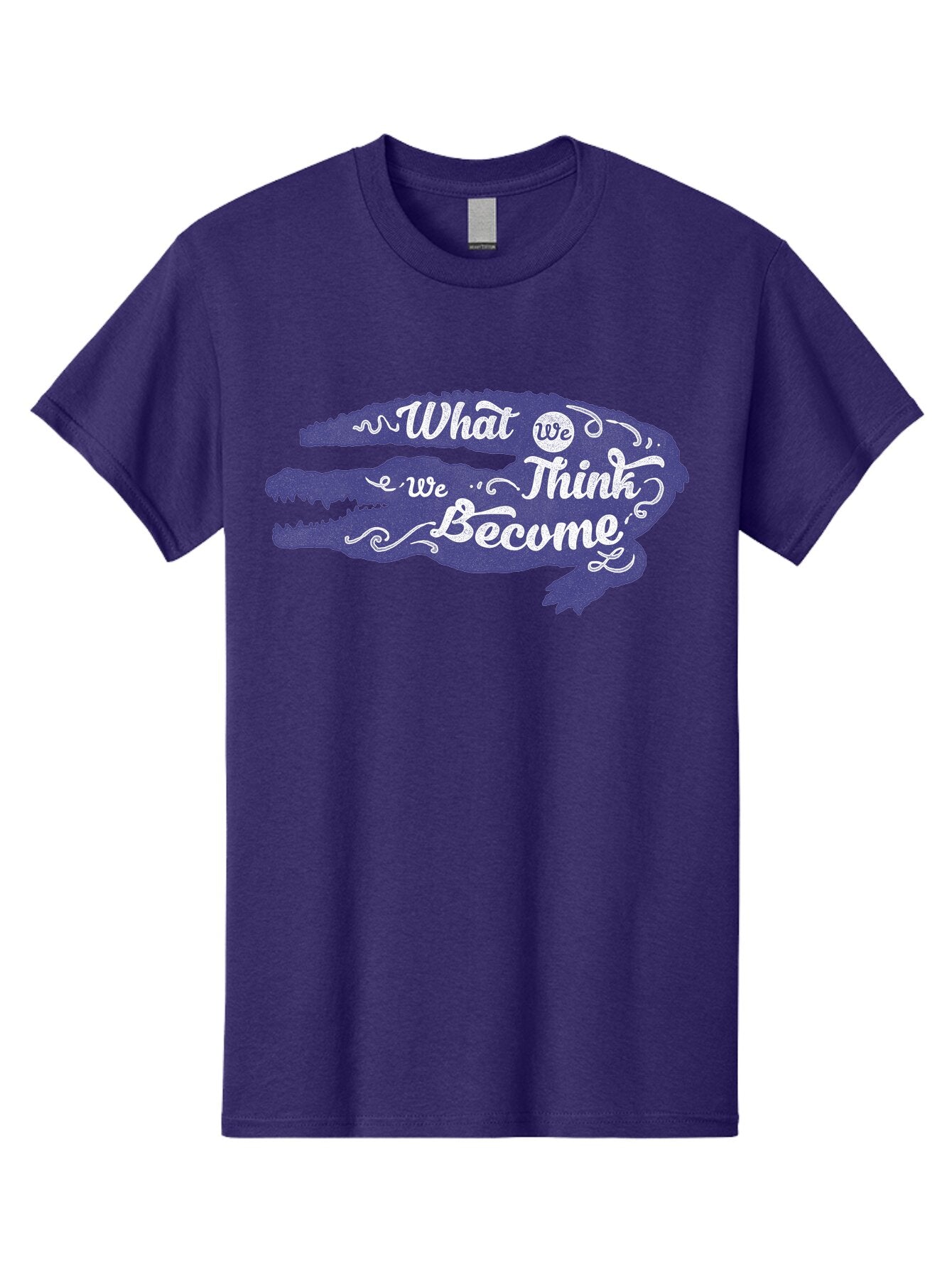 What We Think We Become Men'S Graphic Tee, 100% Cotton, Comfortable Casual Summer Wear, Machine Washable, Inspirational Quote, Motivational Words, Alligator Silhouette, Creative Typography, White Text On Dark Purple, Positive Affirmations, Aae837 8
