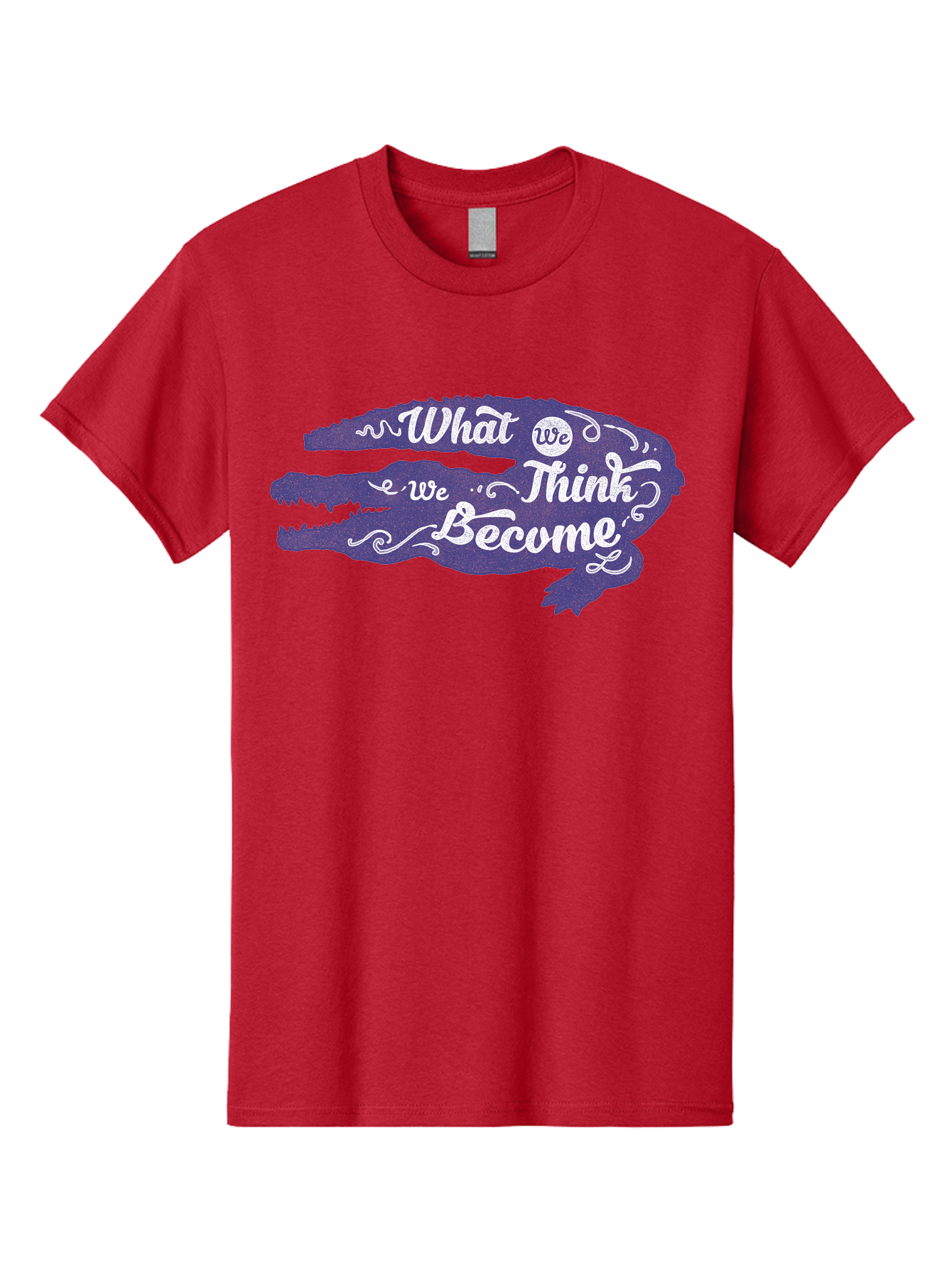 What We Think We Become Men'S Graphic Tee, 100% Cotton, Comfortable Casual Summer Wear, Machine Washable, Inspirational Quote, Motivational Words, Alligator Silhouette, Creative Typography, White Text On Dark Purple, Positive Affirmations, Aae837
