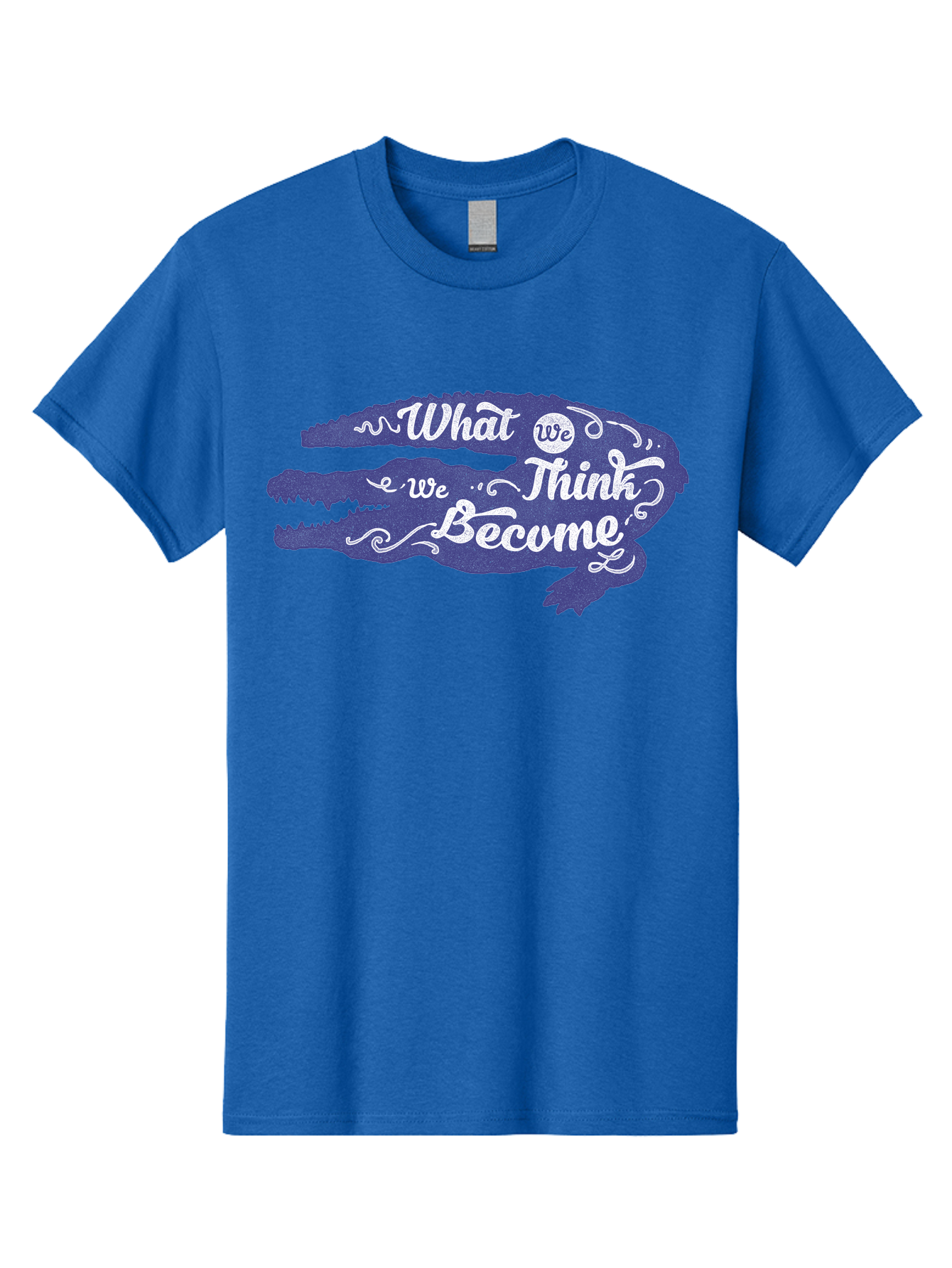 What We Think We Become Men'S Graphic Tee, 100% Cotton, Comfortable Casual Summer Wear, Machine Washable, Inspirational Quote, Motivational Words, Alligator Silhouette, Creative Typography, White Text On Dark Purple, Positive Affirmations, Aae837 15