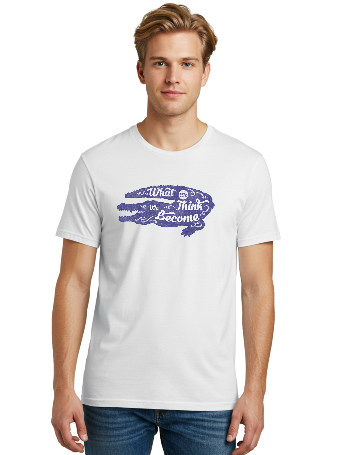 What We Think We Become Men'S Graphic Tee, 100% Cotton, Comfortable Casual Summer Wear, Machine Washable, Inspirational Quote, Motivational Words, Alligator Silhouette, Creative Typography, White Text On Dark Purple, Positive Affirmations, Aae837 6