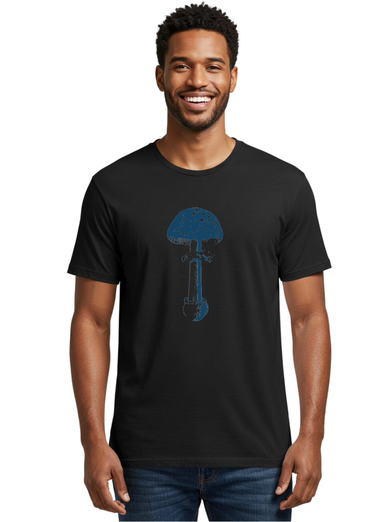 Wild Forest Mushroom Men'S Graphic Tee, 100% Cotton, Comfortable Casual Summer Wear, Machine Washable, Blue Mushroom Illustration, Fungal Art, Psychedelic Design, Mushroom Cap, Stem And Base, Abstract Art, Modern Graphic Aae843 18