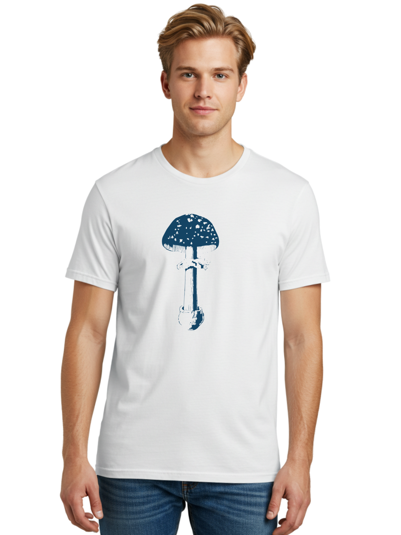 Wild Forest Mushroom Men'S Graphic Tee, 100% Cotton, Comfortable Casual Summer Wear, Machine Washable, Blue Mushroom Illustration, Fungal Art, Psychedelic Design, Mushroom Cap, Stem And Base, Abstract Art, Modern Graphic Aae843 20