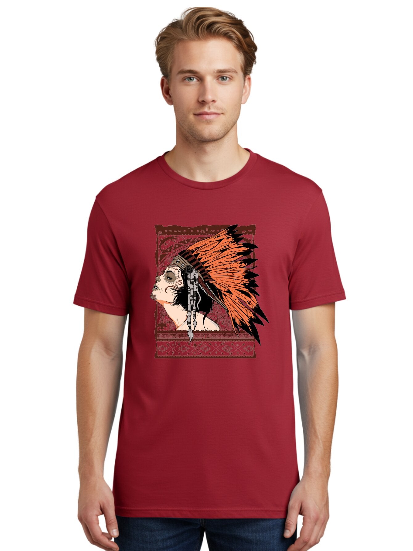 Wild Grace Men'S Graphic Tee, 100% Cotton, Comfortable Casual Summer Wear, Machine Washable, Native American Headdress, Tribal Art, Traditional Clothing, Ornate Details, Vintage Style, Folk Art, Cultural Heritage, Symbolic Expression, Aae844 17